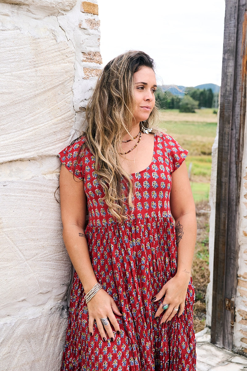 Womens Jalabi dress, 100% cotton, hand block print. In Cherry print
