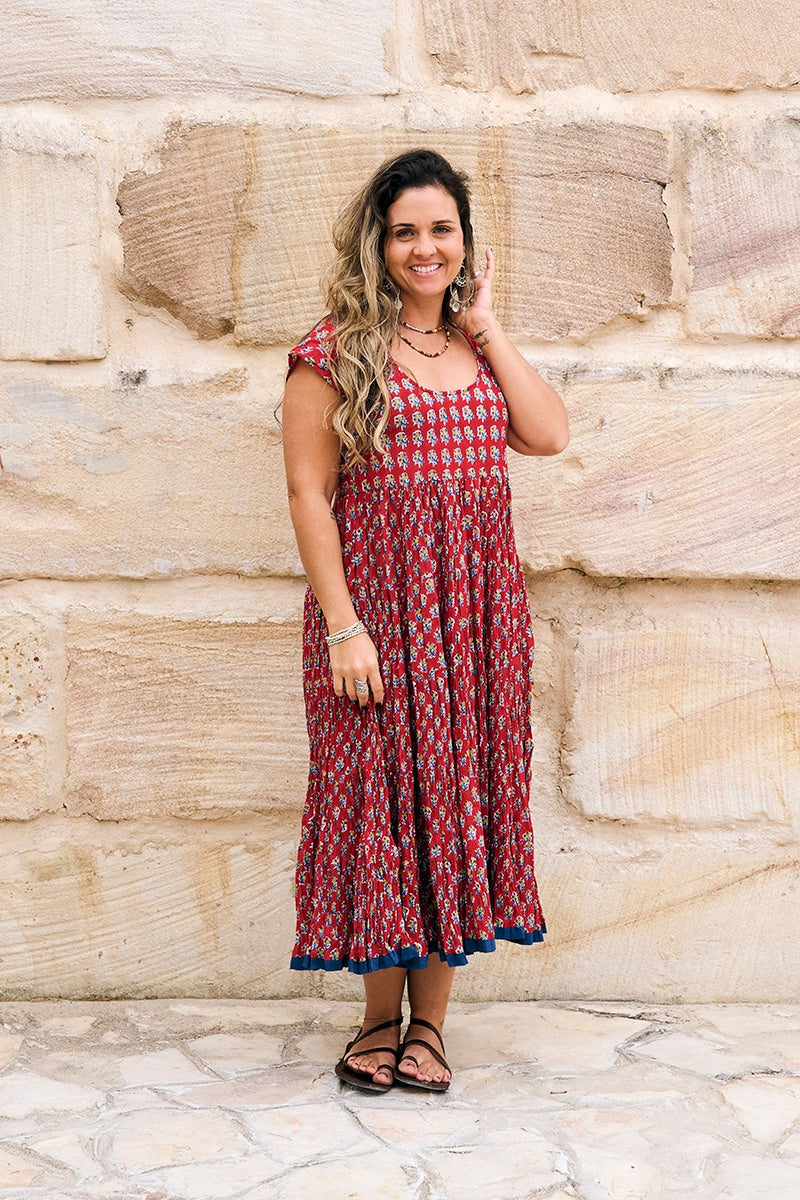 Womens Jalabi dress, 100% cotton, hand block print. In Cherry print