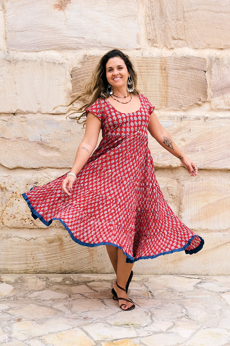 Womens Jalabi dress, 100% cotton, hand block print. In Cherry print
