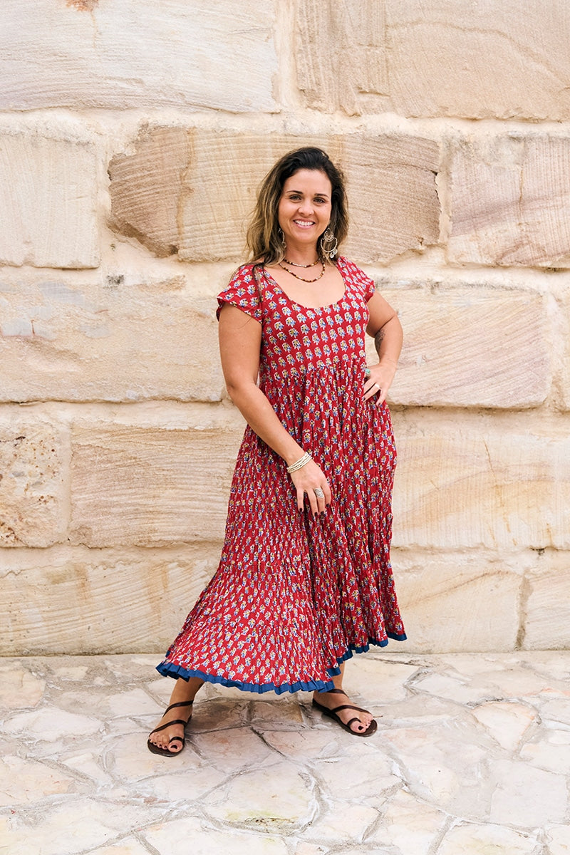 Womens Jalabi dress, 100% cotton, hand block print. In Cherry print