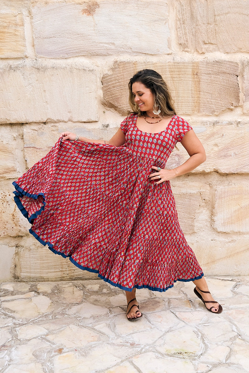 Womens Jalabi dress, 100% cotton, hand block print. In Cherry print