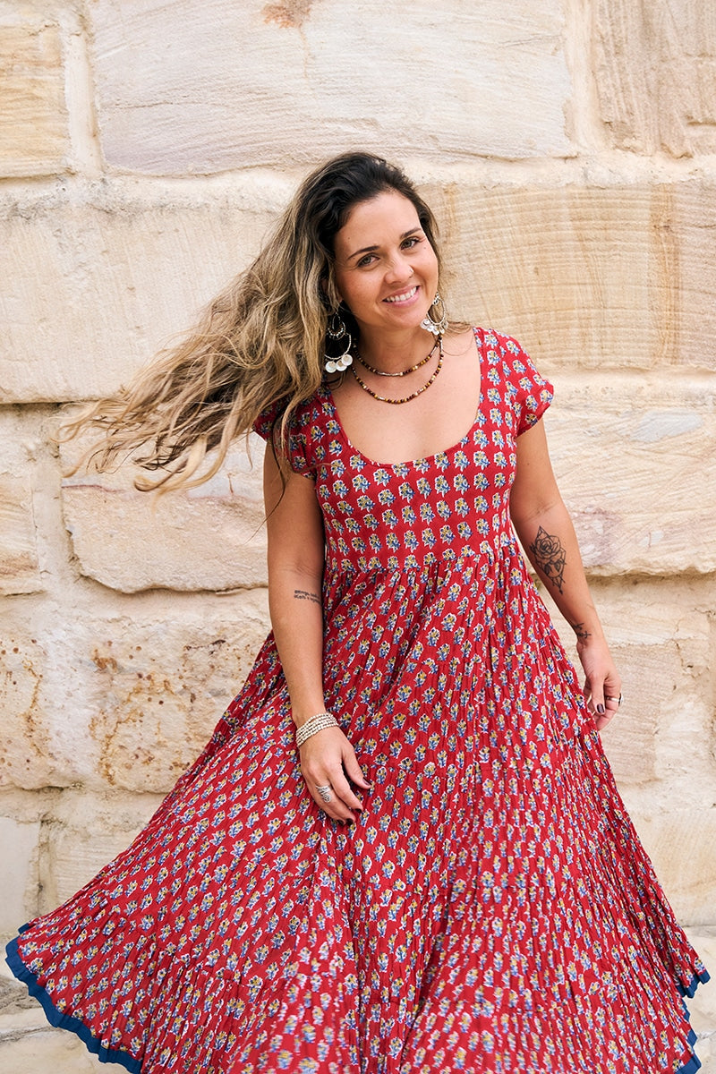 Womens Jalabi dress, 100% cotton, hand block print. In Cherry print