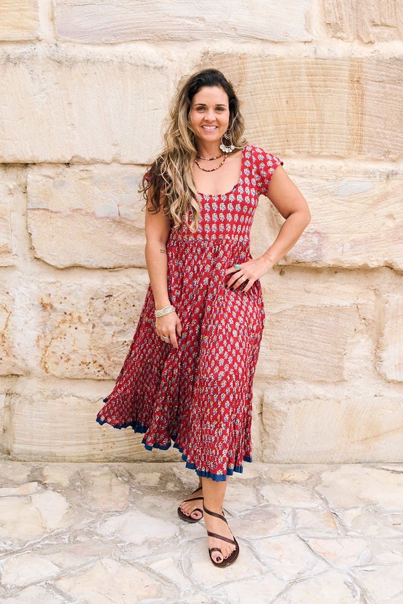 Womens Jalabi dress, 100% cotton, hand block print. In Cherry print