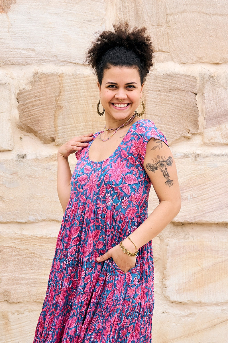Womens Jalabi dress, 100% cotton, hand block print. In Serenade print