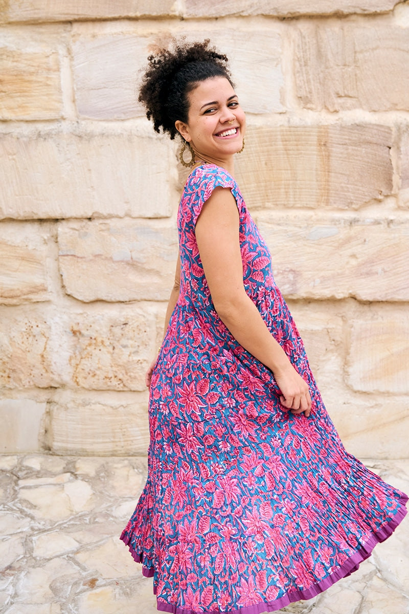 Womens Jalabi dress, 100% cotton, hand block print. In Serenade print