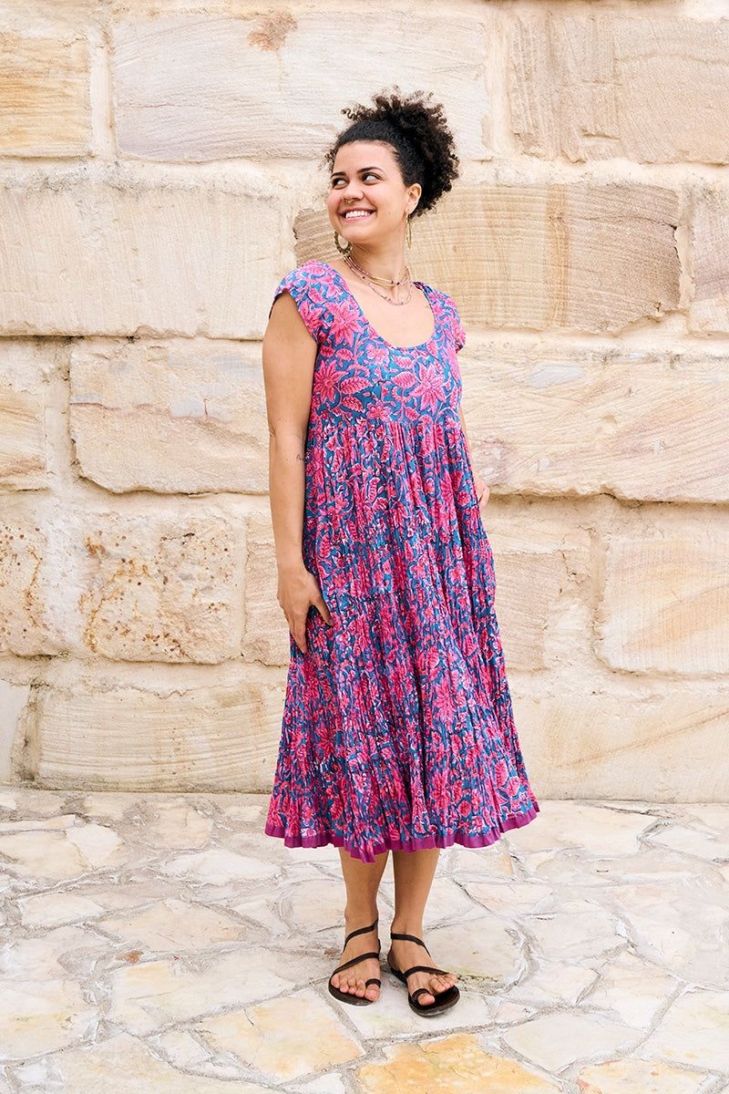 Womens Jalabi dress, 100% cotton, hand block print. In Serenade print