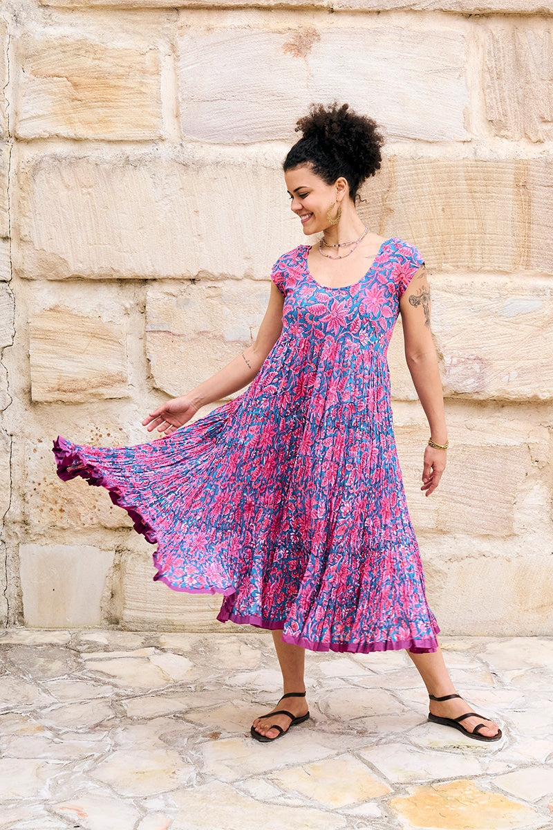 Womens Jalabi dress, 100% cotton, hand block print. In Serenade print