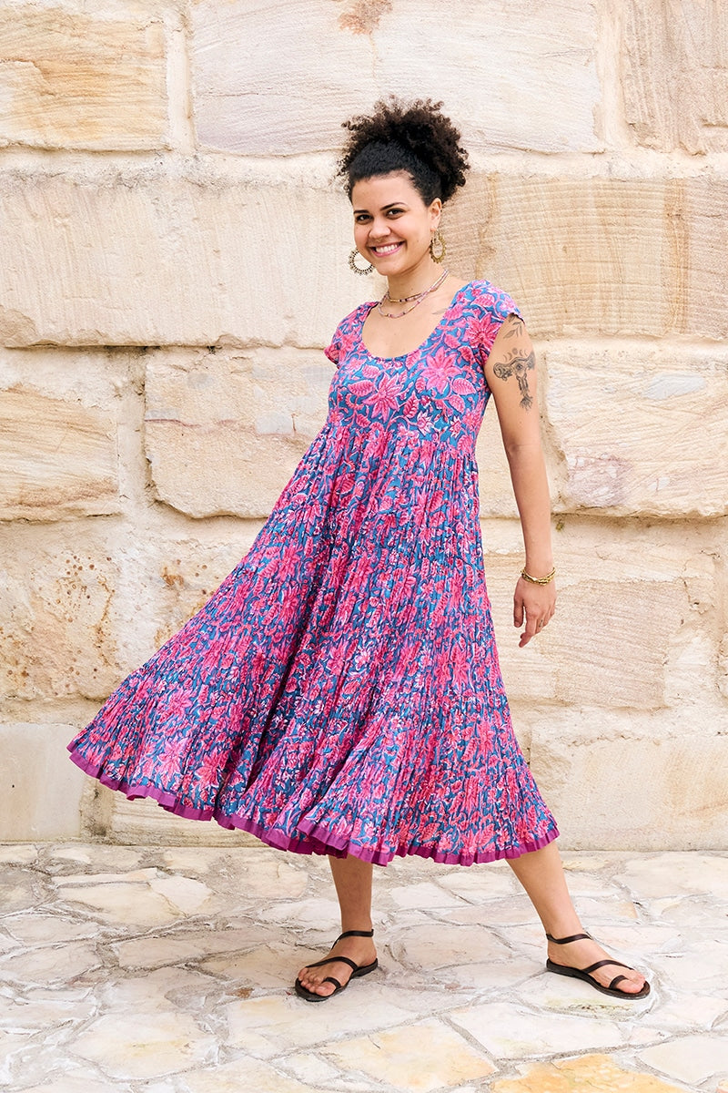 Womens Jalabi dress, 100% cotton, hand block print. In Serenade print