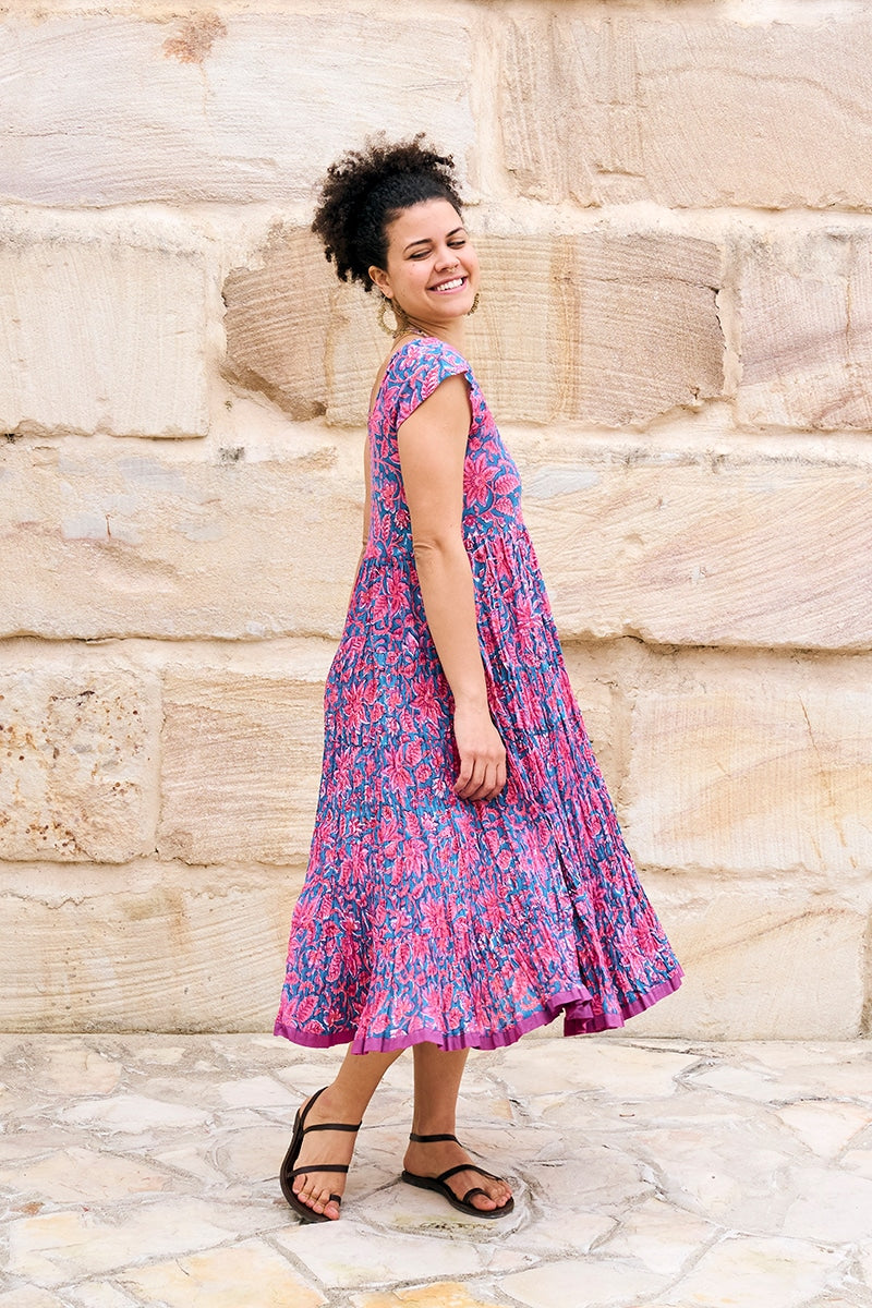 Womens Jalabi dress, 100% cotton, hand block print. In Serenade print