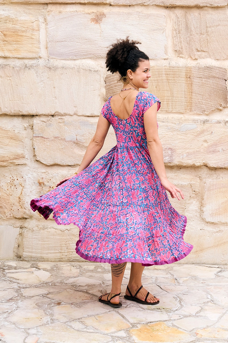 Womens Jalabi dress, 100% cotton, hand block print. In Serenade print