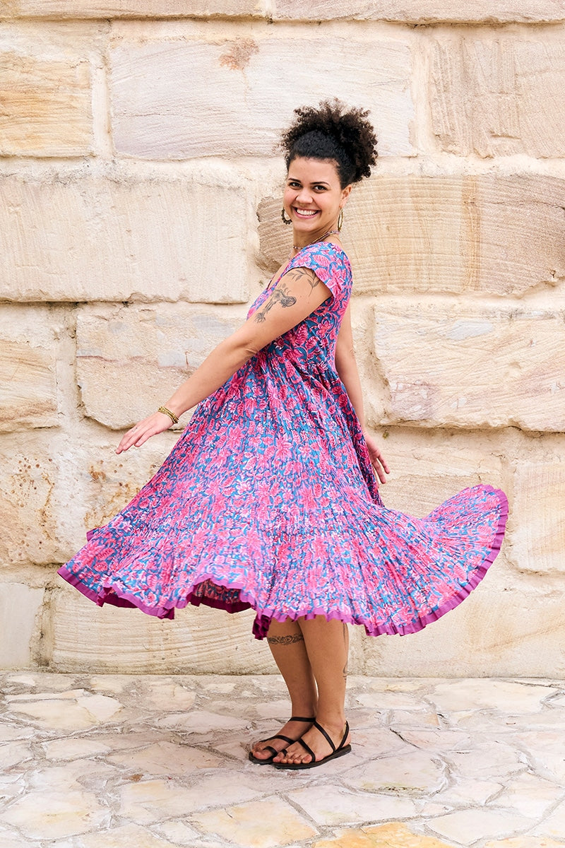 Womens Jalabi dress, 100% cotton, hand block print. In Serenade print