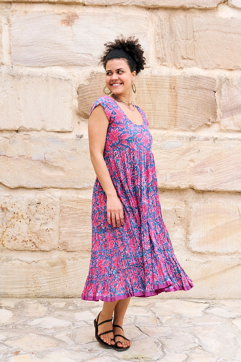 Womens Jalabi dress, 100% cotton, hand block print. In Serenade print
