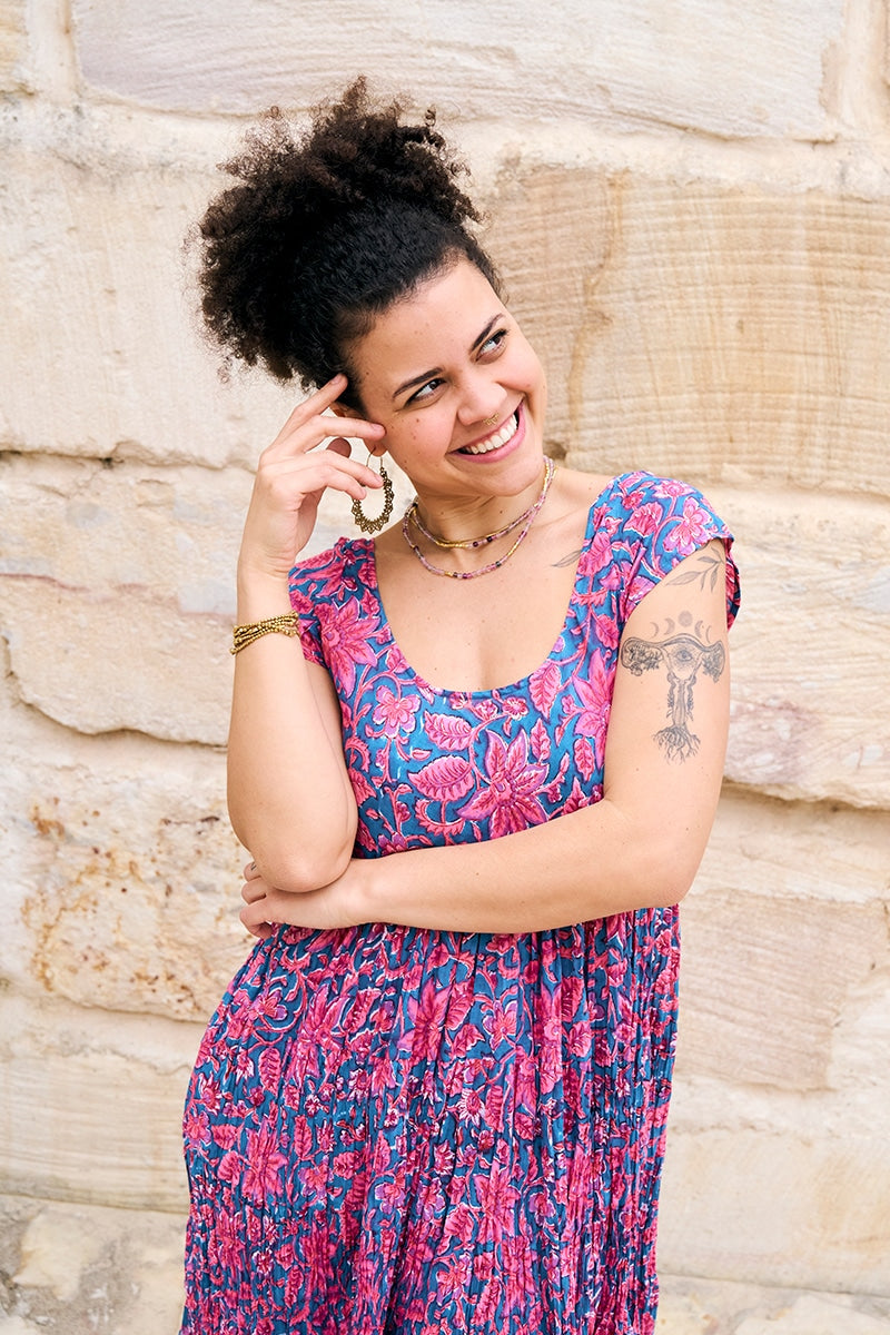 Womens Jalabi dress, 100% cotton, hand block print. In Serenade print