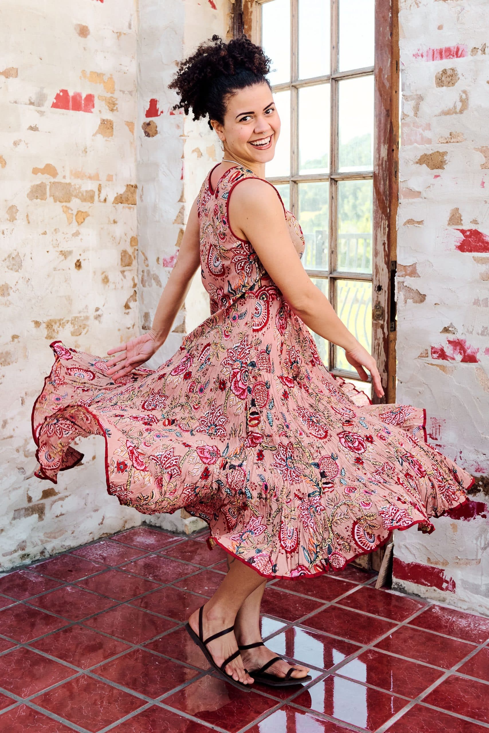 Womens, midi, Flamenco Dress, sleeveless, 100% Cotton, hand block print. Summer Floral - Rosani