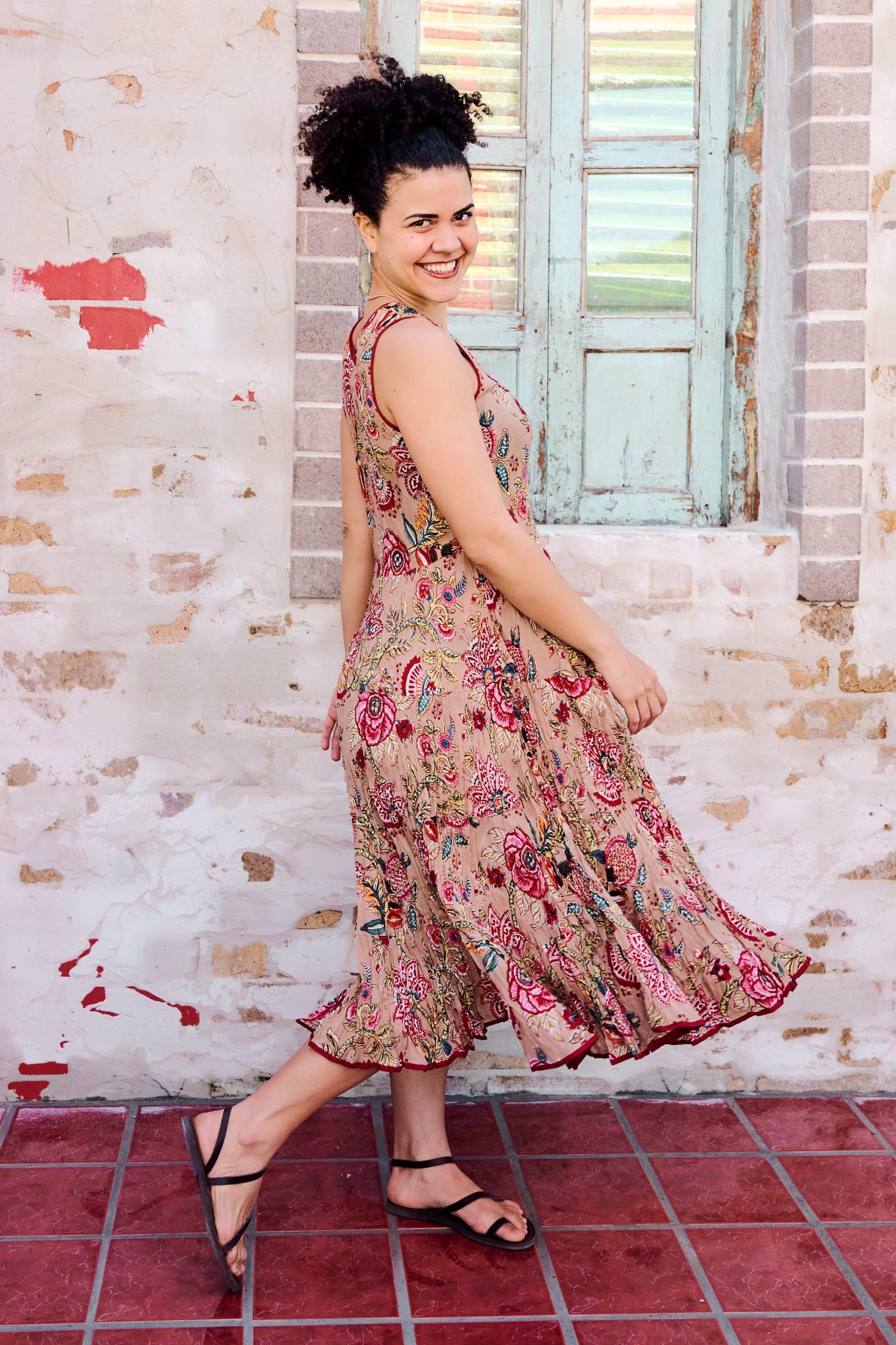 Womens, midi, Flamenco Dress, sleeveless, 100% Cotton, hand block print. Summer Floral - Rosani