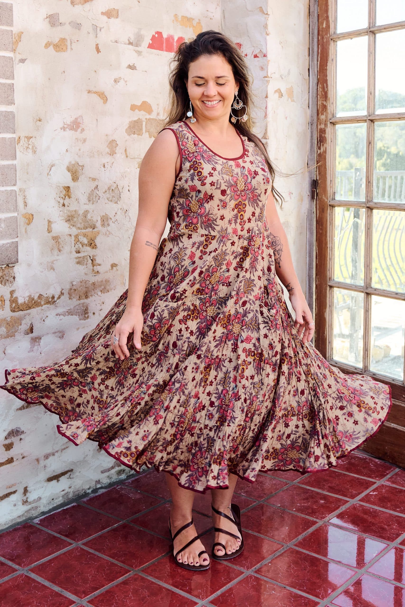 Womens, midi, Flamenco Dress, sleeveless, 100% Cotton, hand block print. Natural tone with florals - Lilienne
