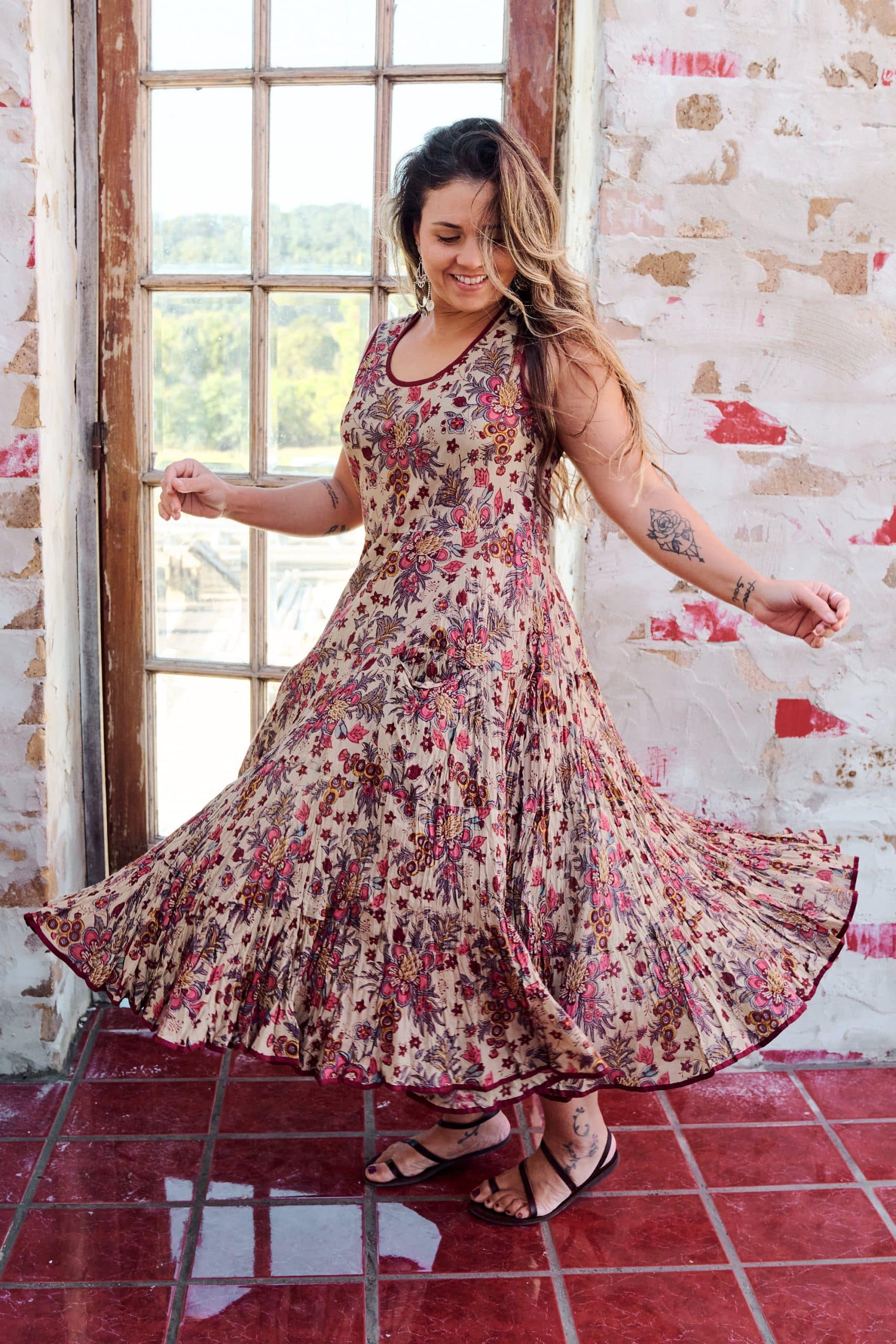 Womens, midi, Flamenco Dress, sleeveless, 100% Cotton, hand block print. Natural tone with florals - Lilienne