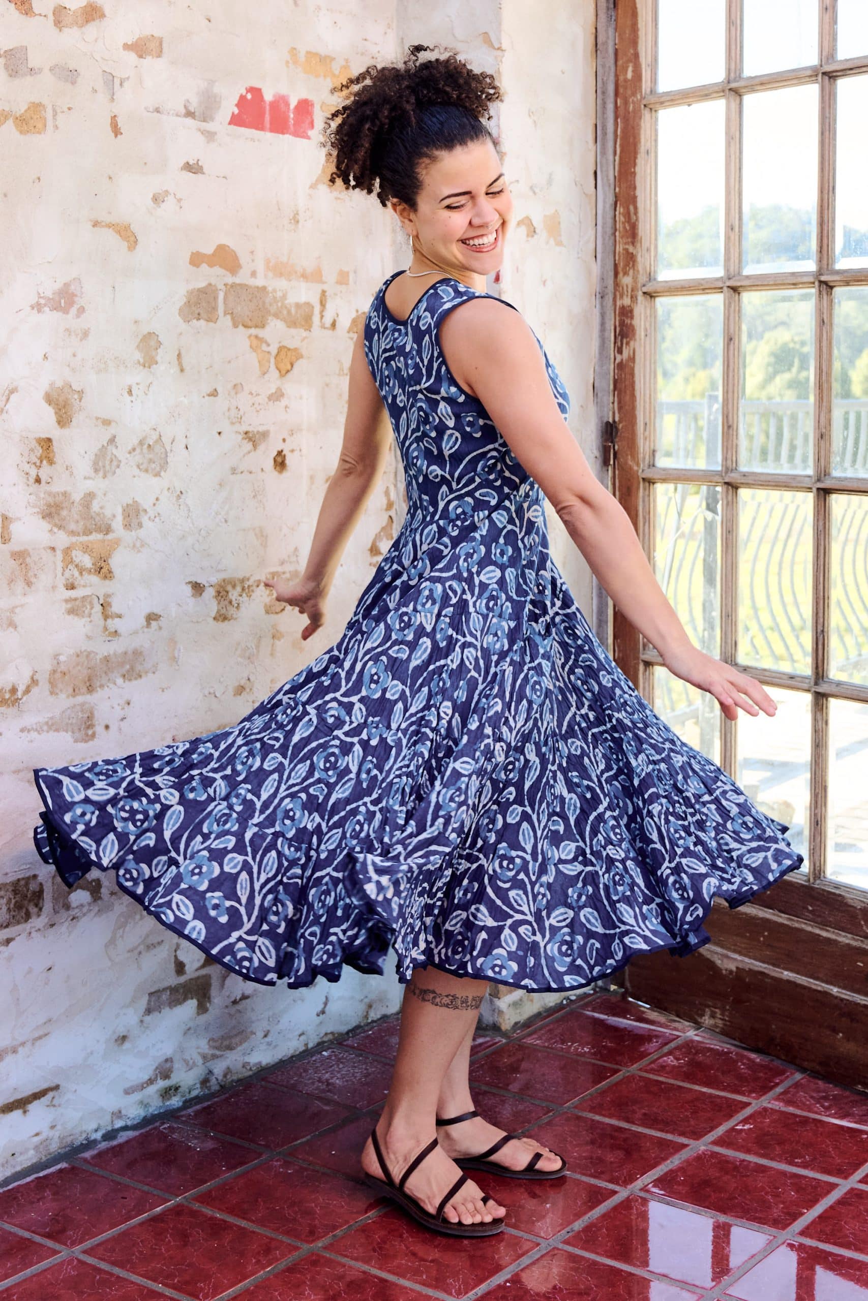 Womens, midi, Flamenco Dress, sleeveless, 100% Cotton, hand block print. Natural Blue - Indigo Suri
