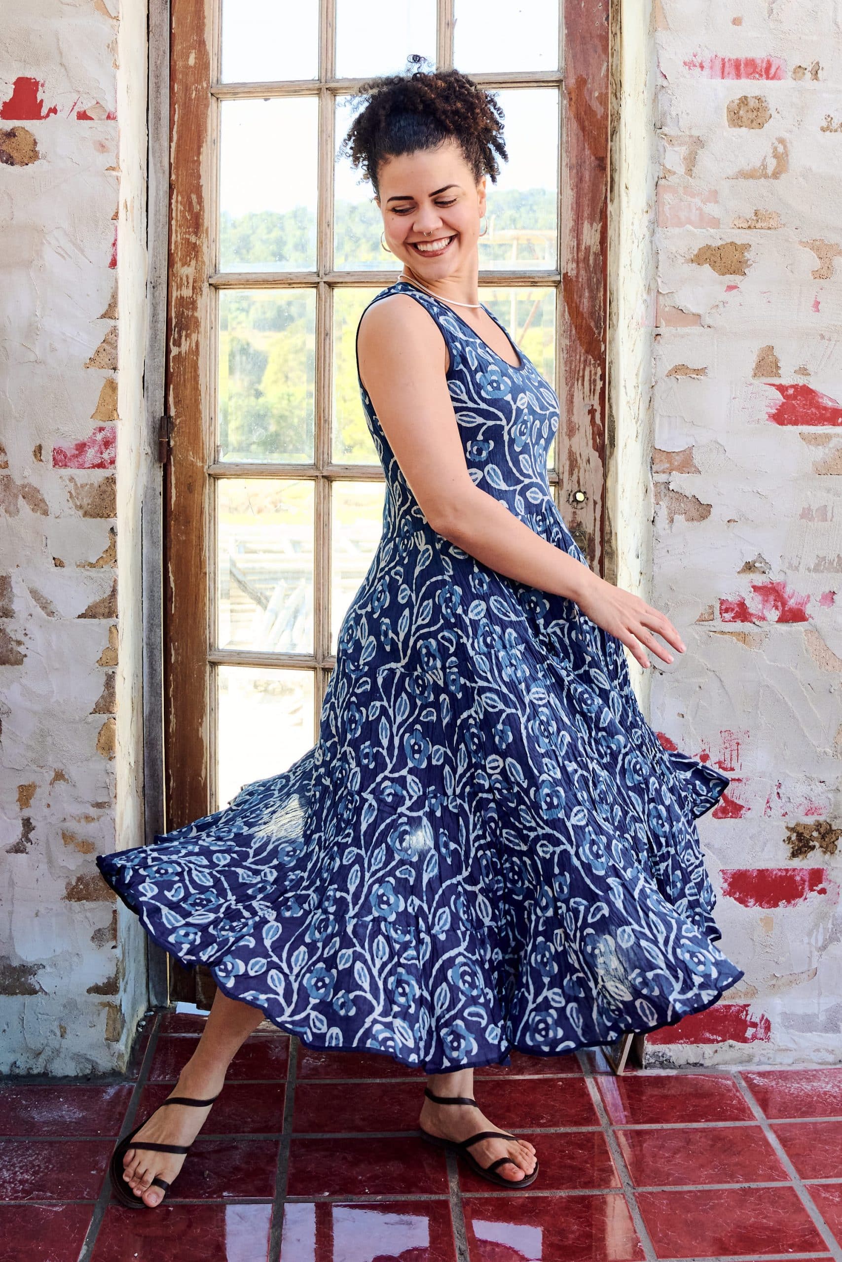 Womens, midi, Flamenco Dress, sleeveless, 100% Cotton, hand block print. Natural Blue - Indigo Suri