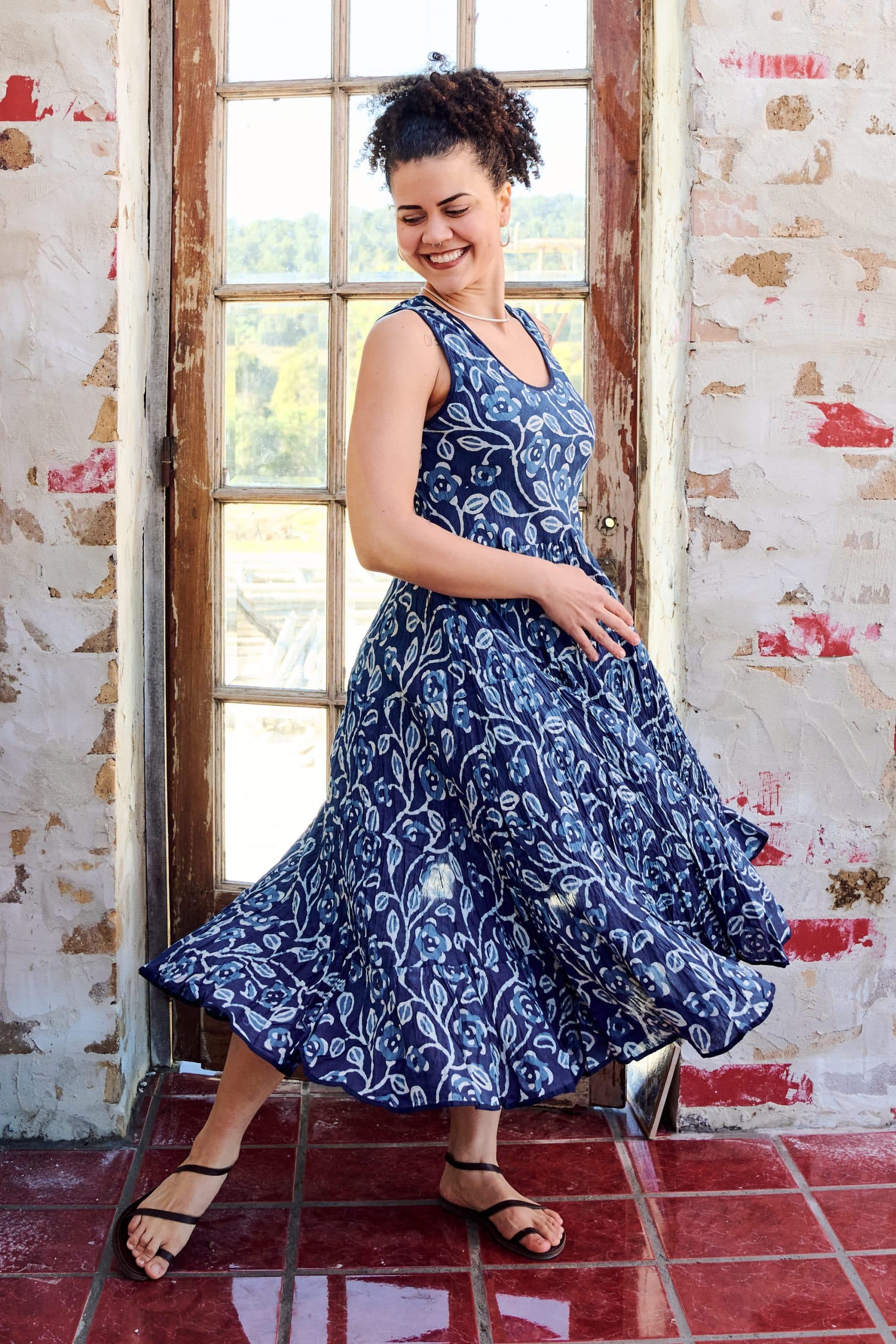 Womens, midi, Flamenco Dress, sleeveless, 100% Cotton, hand block print. Natural Blue - Indigo Suri