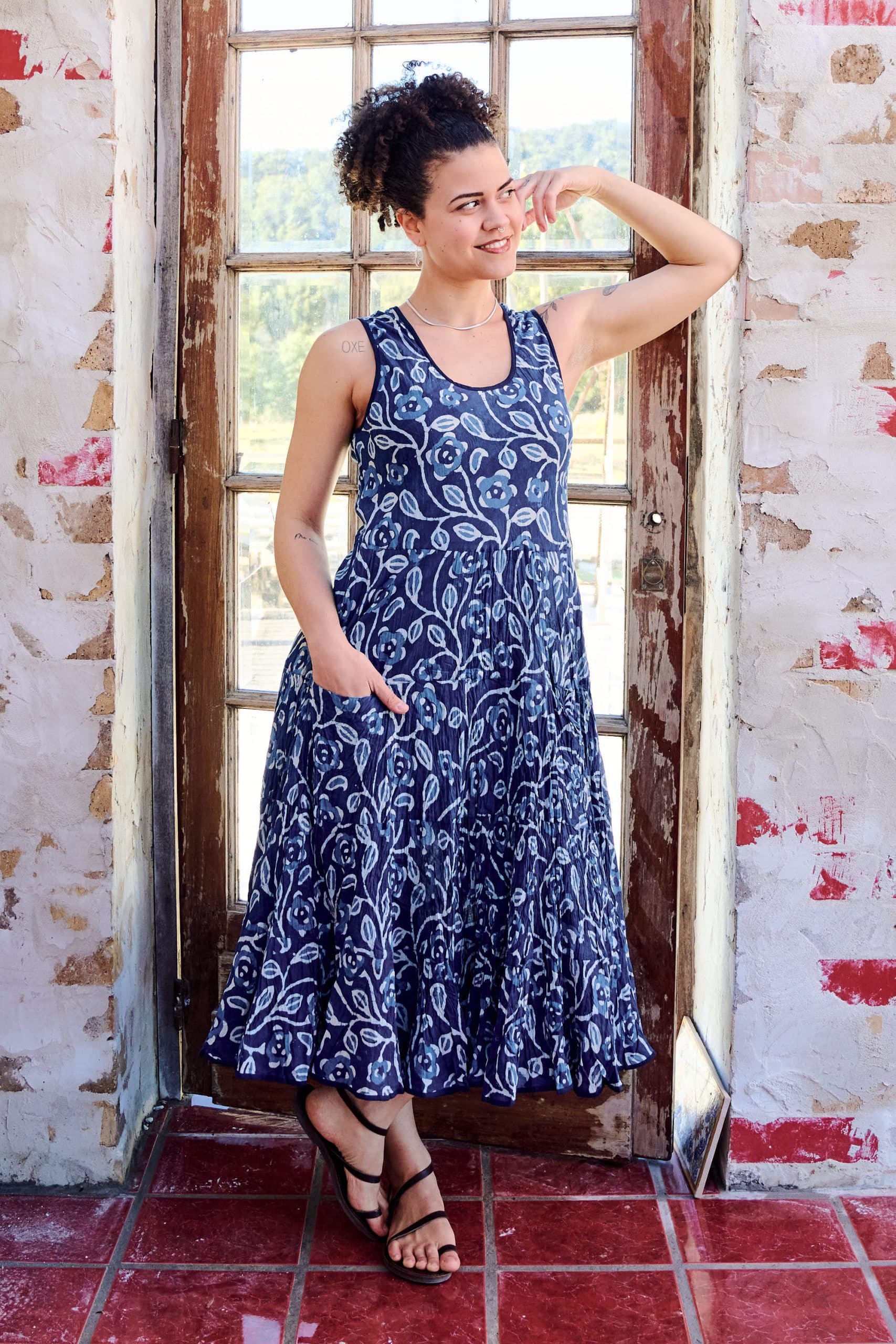 Womens, midi, Flamenco Dress, sleeveless, 100% Cotton, hand block print. Natural Blue - Indigo Suri