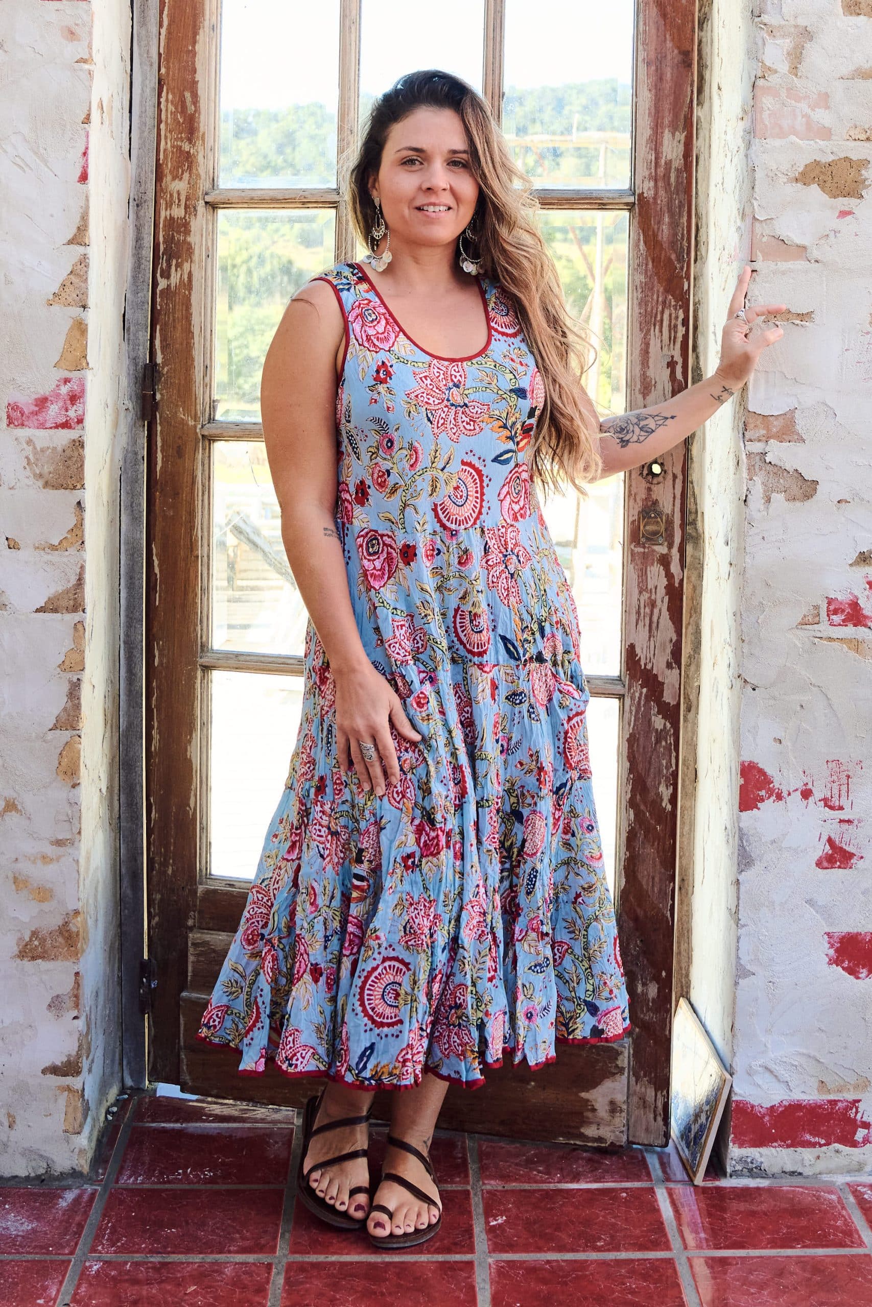 Womens, midi, Flamenco Dress, sleeveless, 100% Cotton, hand block print. Summer Floral - Paradise