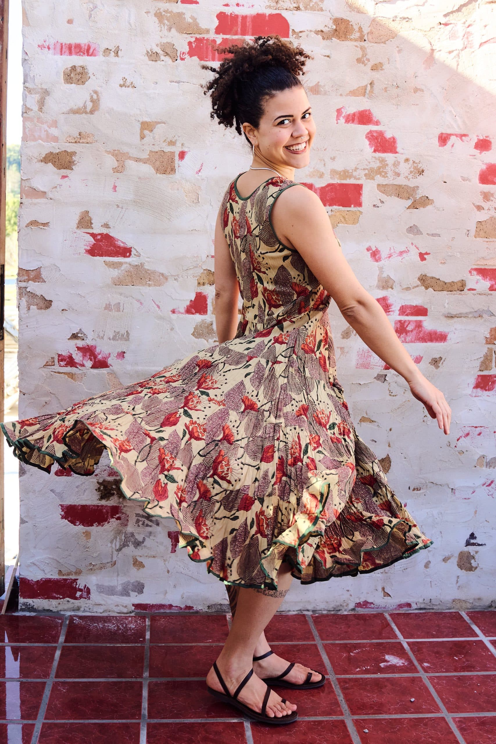 Womens, midi, Flamenco Dress, sleeveless, 100% Cotton, hand block print. Sepia with flora print - Saya