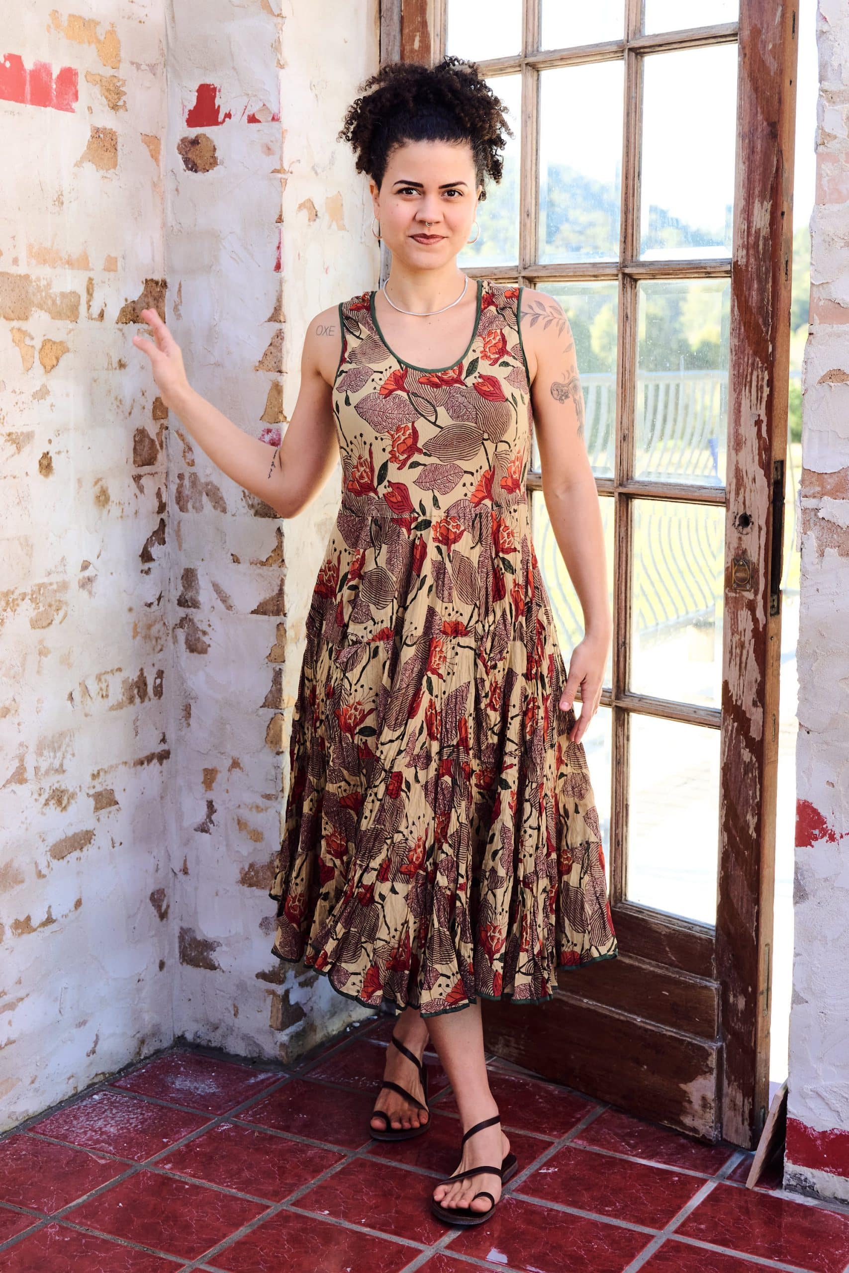 Womens, midi, Flamenco Dress, sleeveless, 100% Cotton, hand block print. Sepia with flora print - Saya