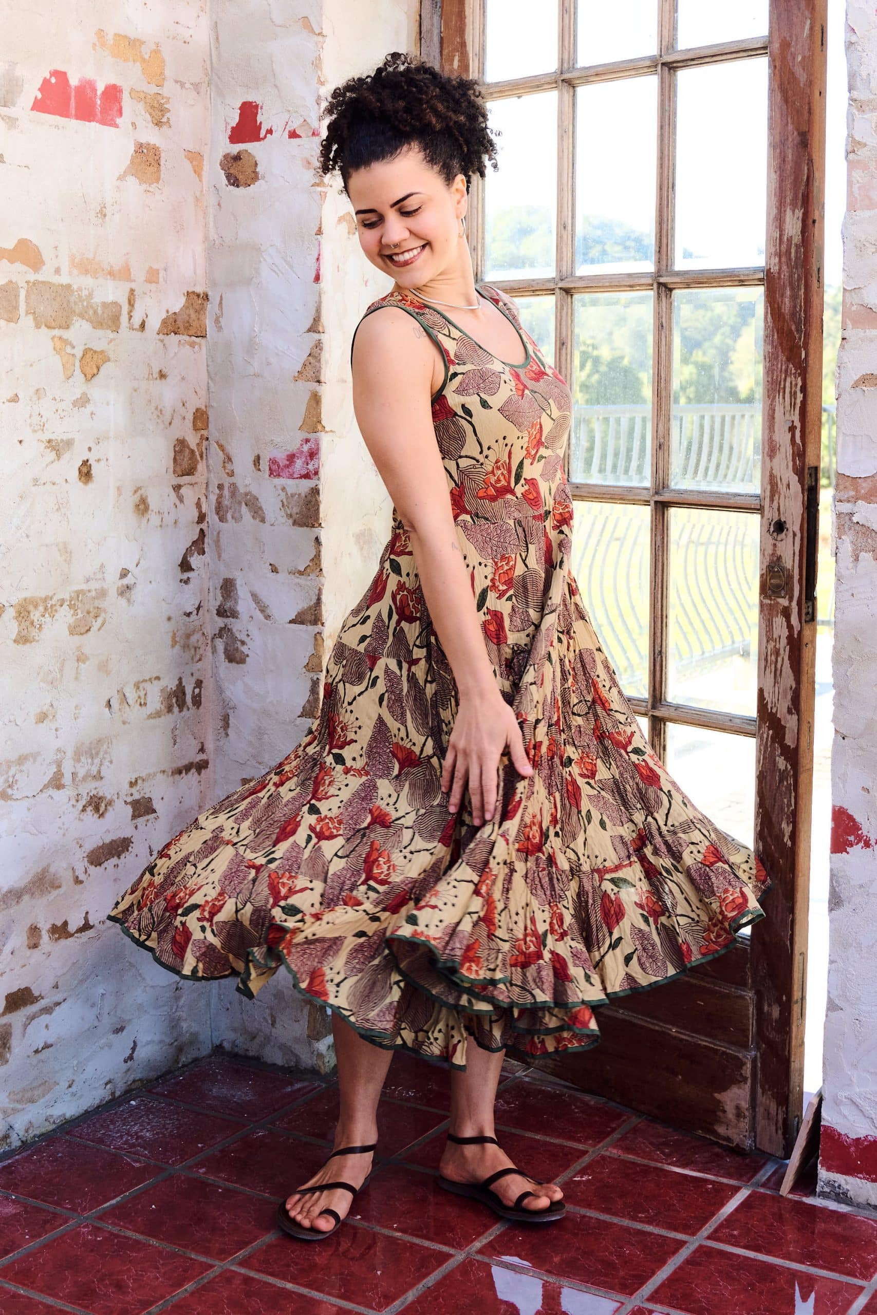 Womens, midi, Flamenco Dress, sleeveless, 100% Cotton, hand block print. Sepia with flora print - Saya