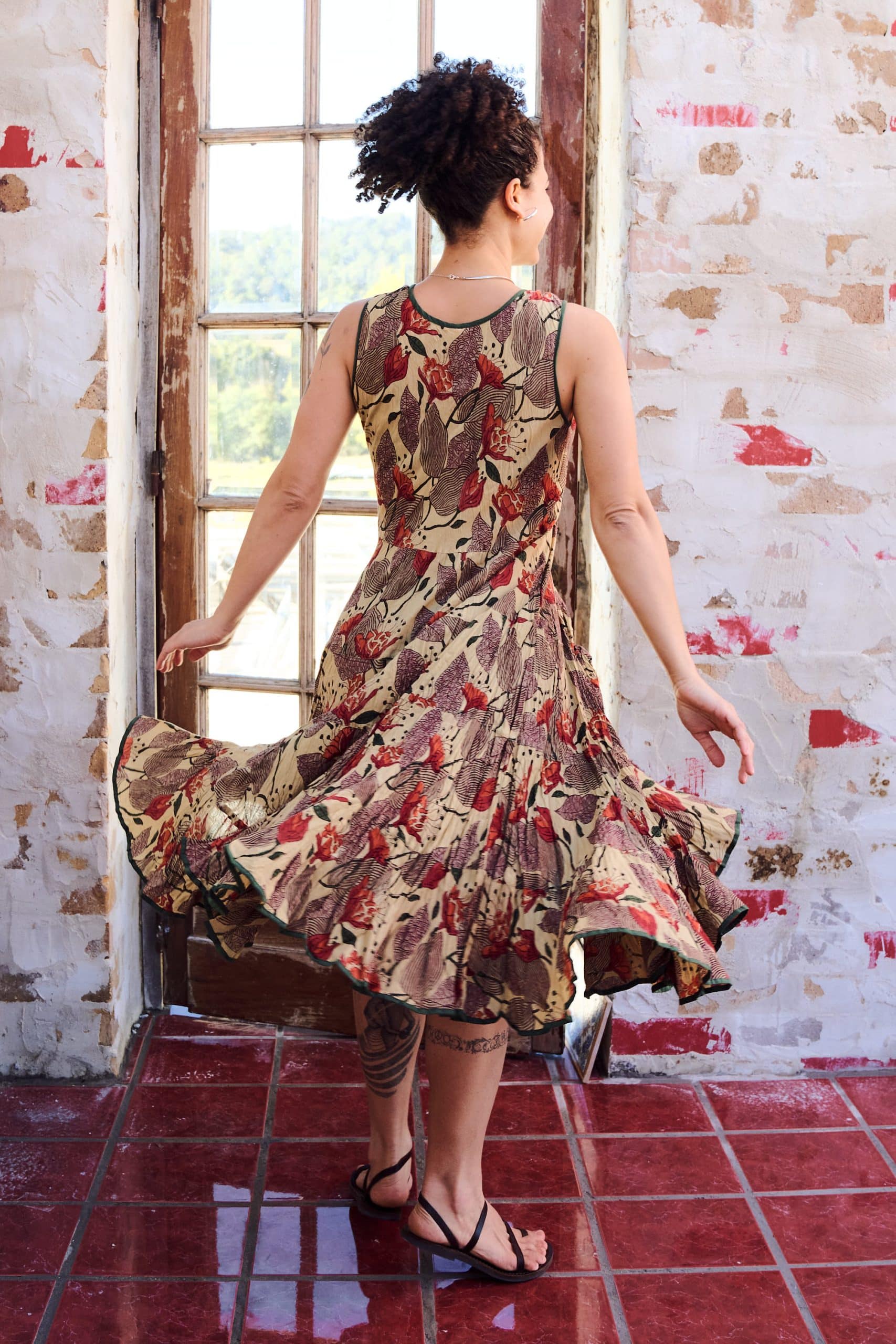 Womens, midi, Flamenco Dress, sleeveless, 100% Cotton, hand block print. Sepia with flora print - Saya