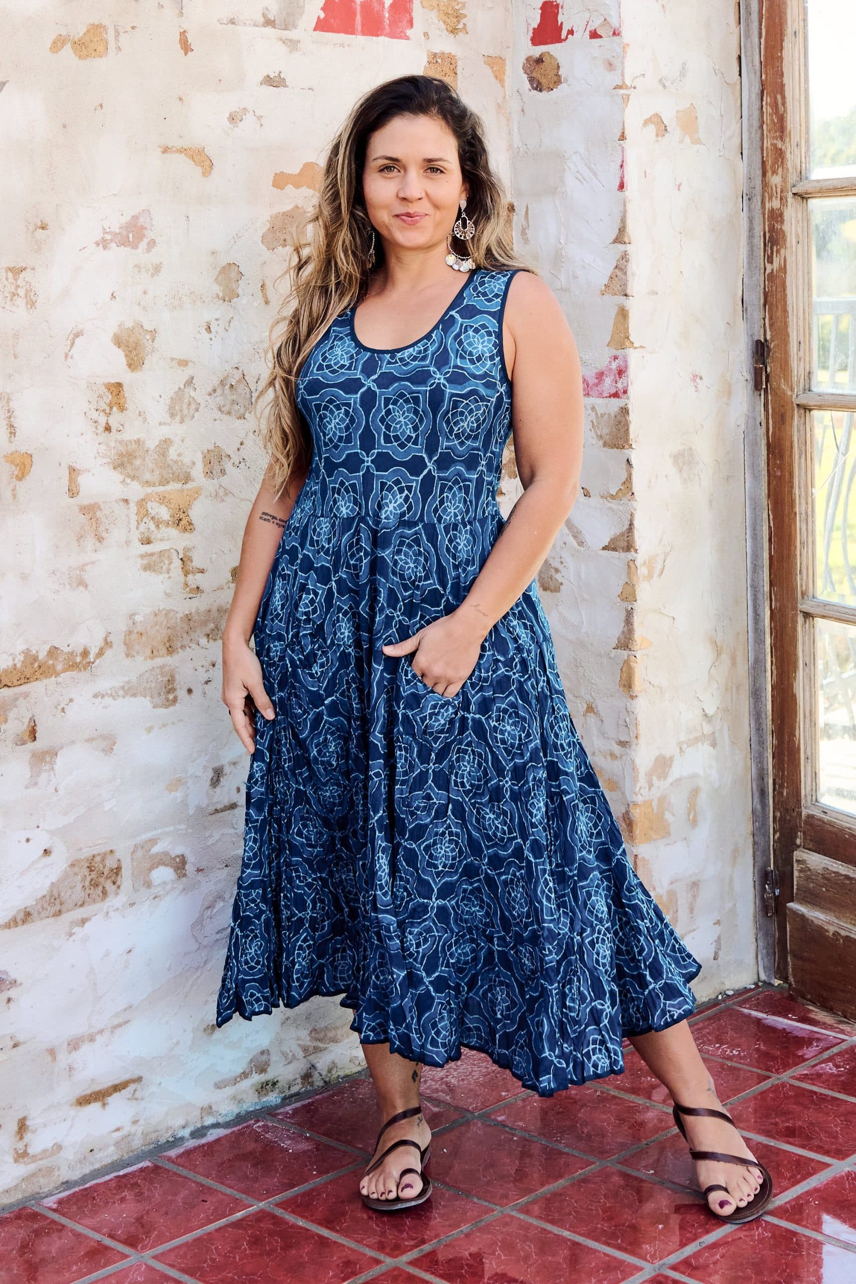 Womens, midi, Flamenco Dress, sleeveless, 100% Cotton, hand block print. Natural Blue - Indigo Yantra