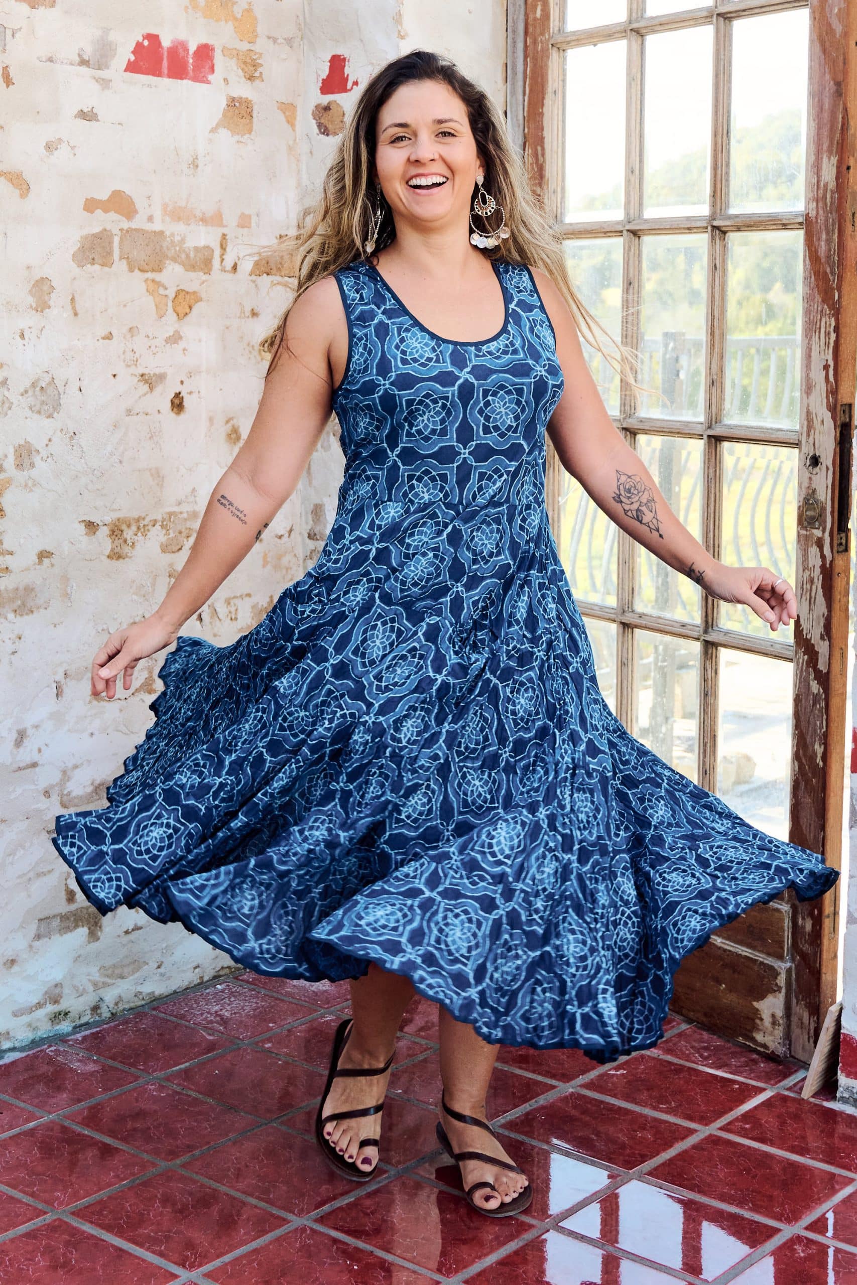 Womens, midi, Flamenco Dress, sleeveless, 100% Cotton, hand block print. Natural Blue - Indigo Yantra