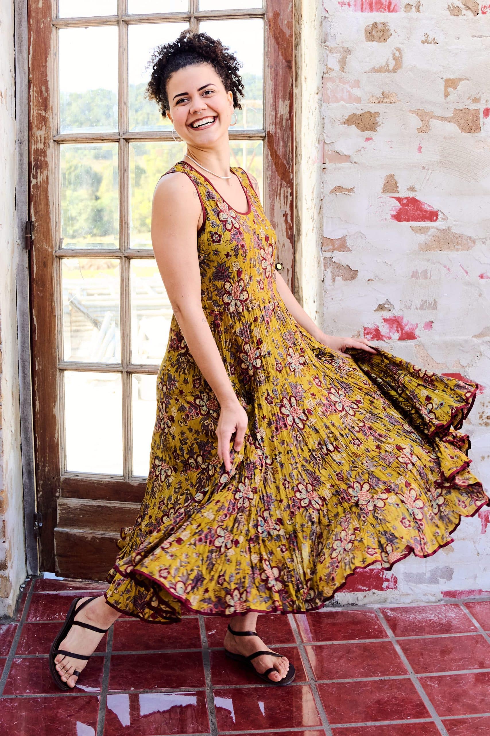 Womens, midi, Flamenco Dress, sleeveless, 100% Cotton, hand block print. Autumn Floral - Solandra