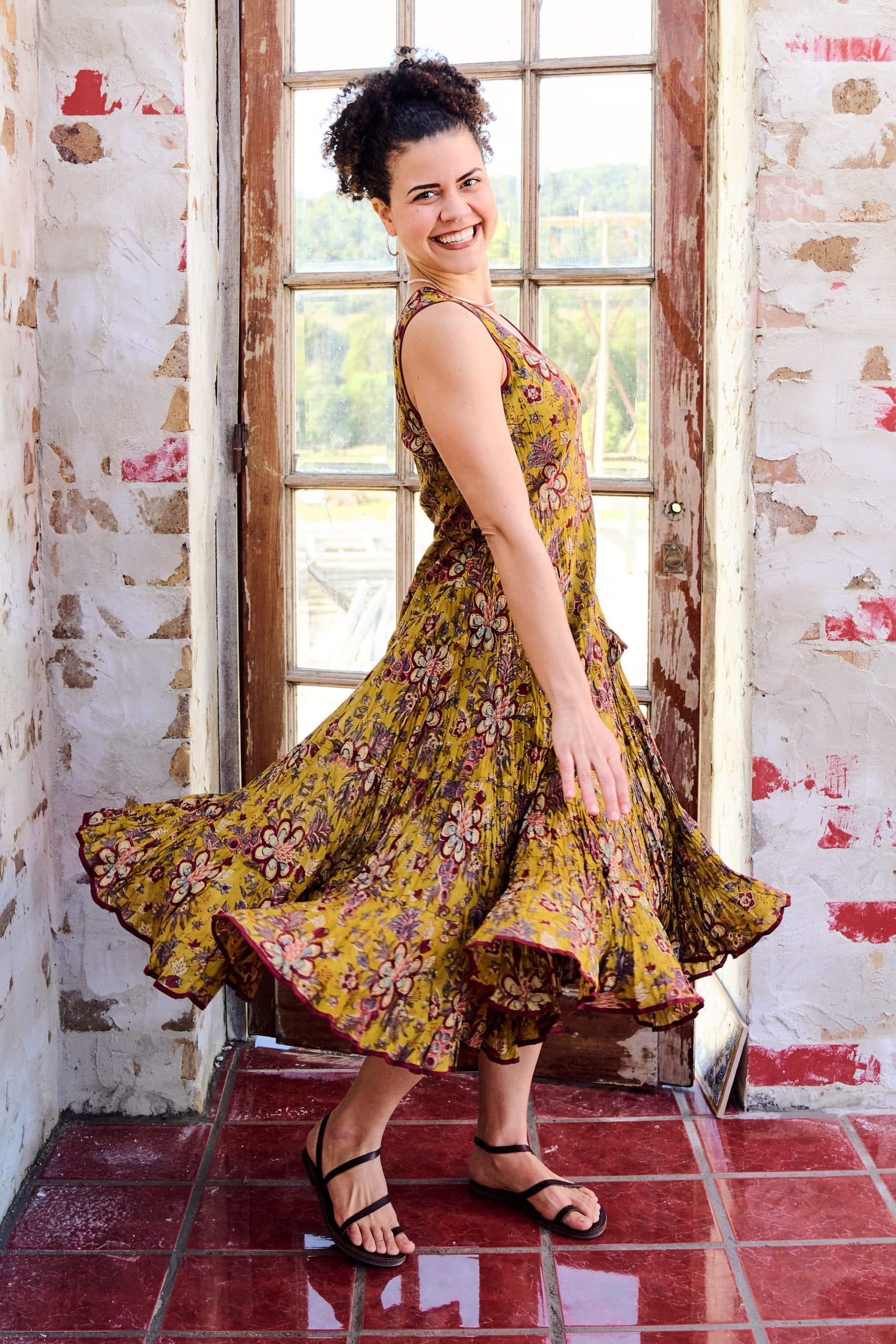 Womens, midi, Flamenco Dress, sleeveless, 100% Cotton, hand block print. Autumn Floral - Solandra