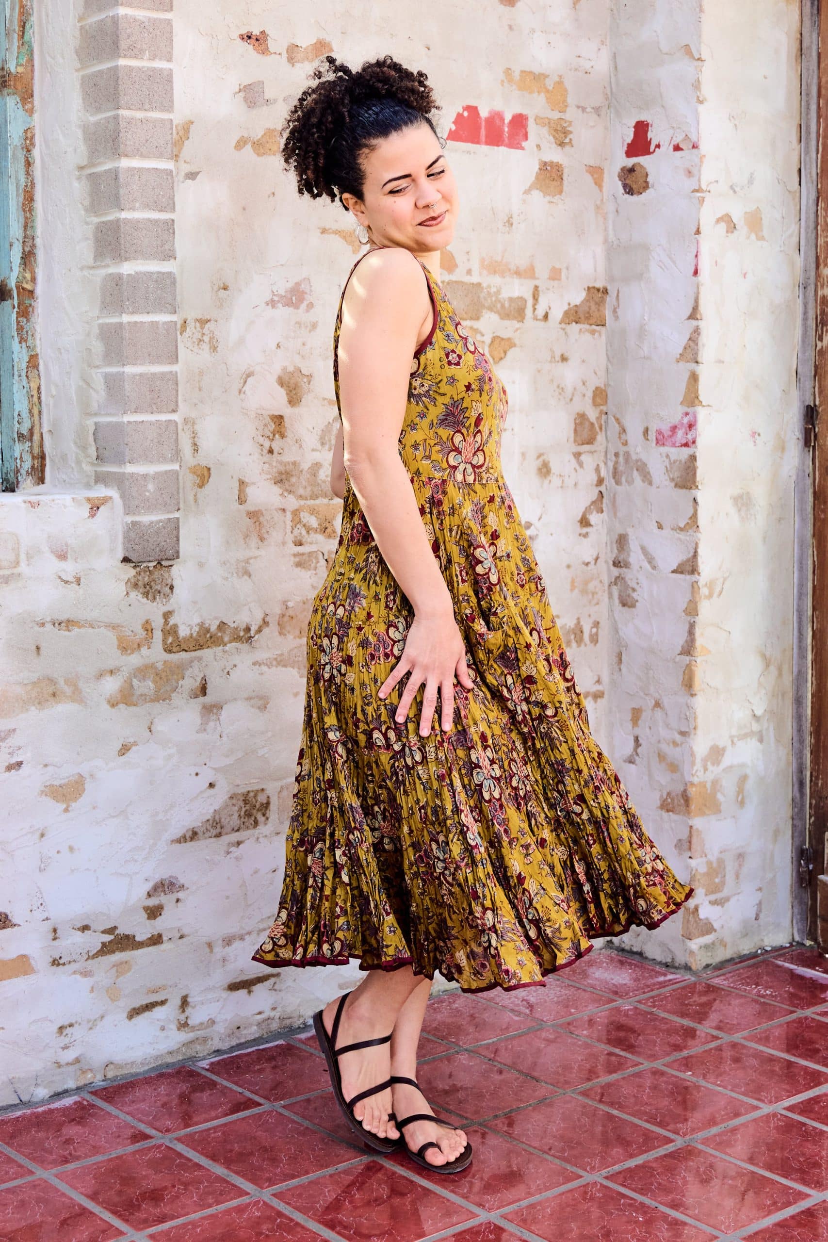 Womens, midi, Flamenco Dress, sleeveless, 100% Cotton, hand block print. Autumn Floral - Solandra