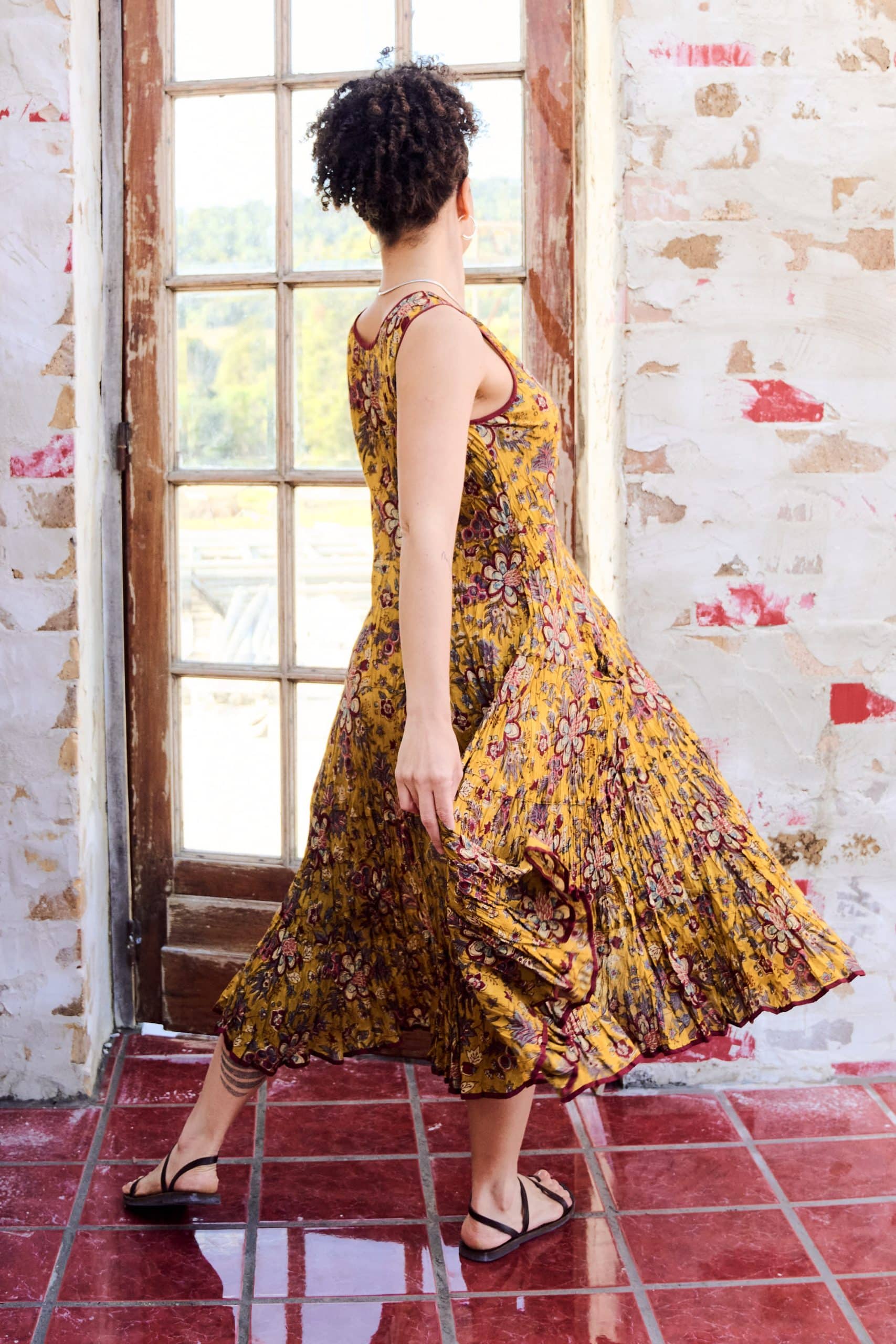 Womens, midi, Flamenco Dress, sleeveless, 100% Cotton, hand block print. Autumn Floral - Solandra