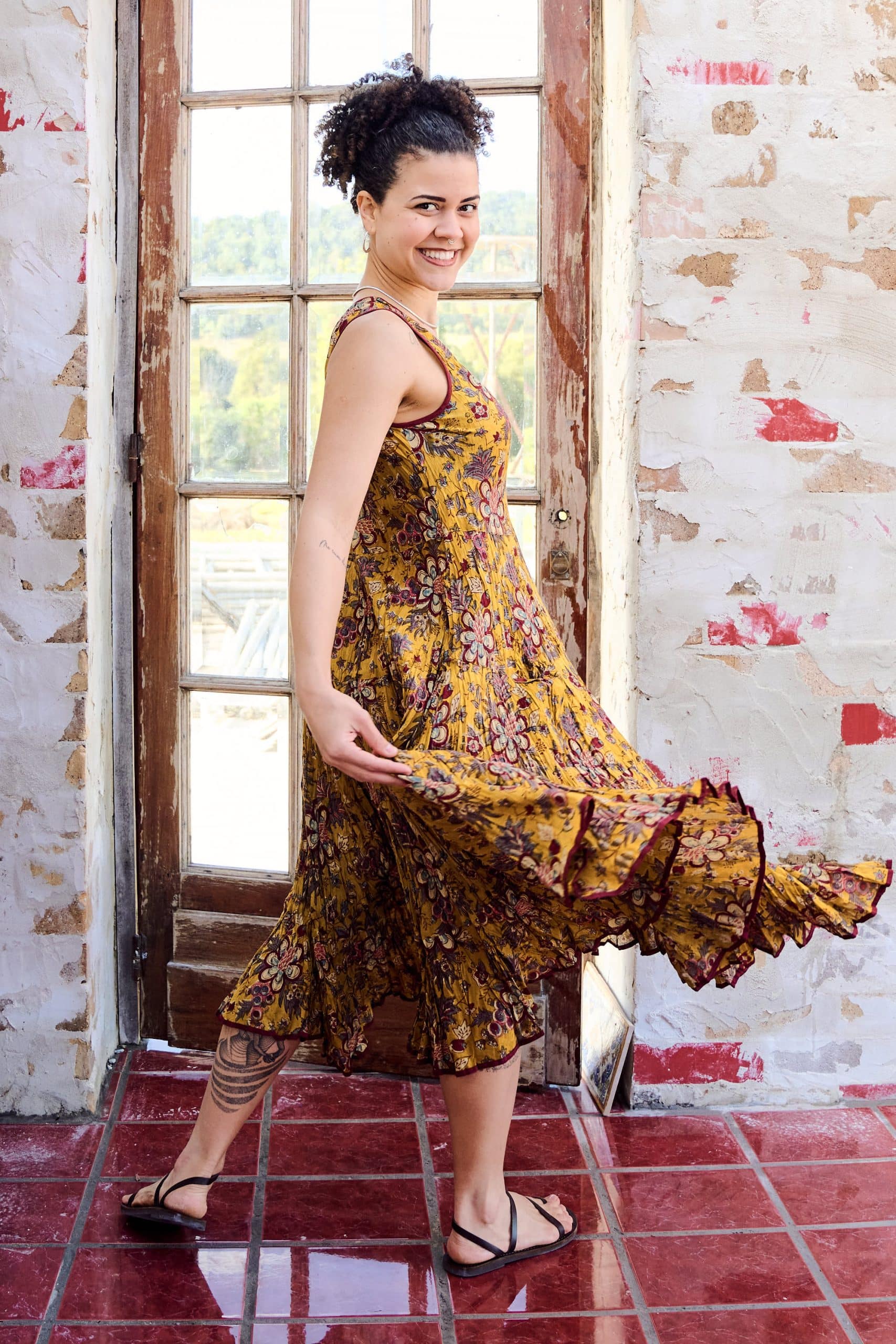 Womens, midi, Flamenco Dress, sleeveless, 100% Cotton, hand block print. Autumn Floral - Solandra