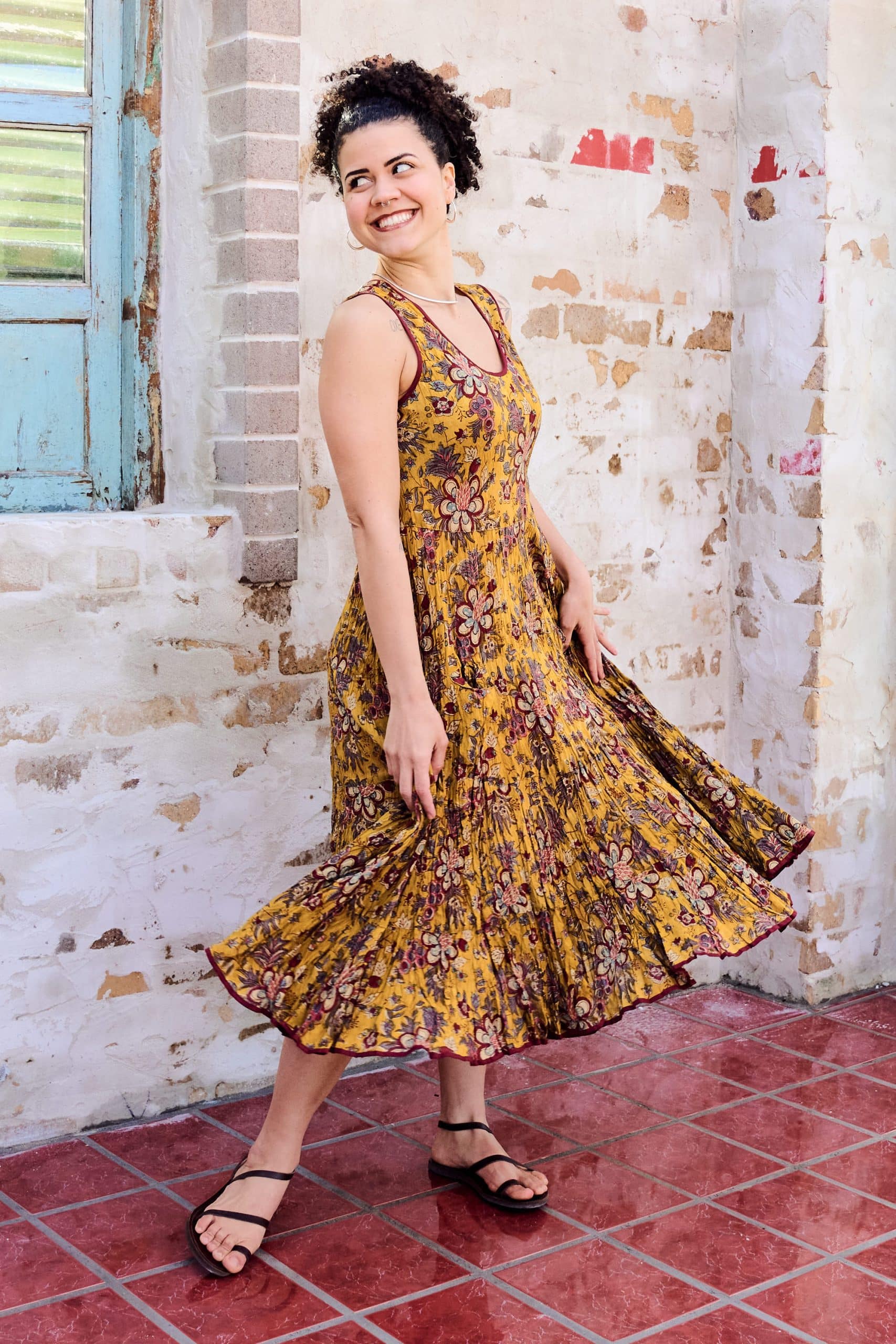 Womens, midi, Flamenco Dress, sleeveless, 100% Cotton, hand block print. Autumn Floral - Solandra