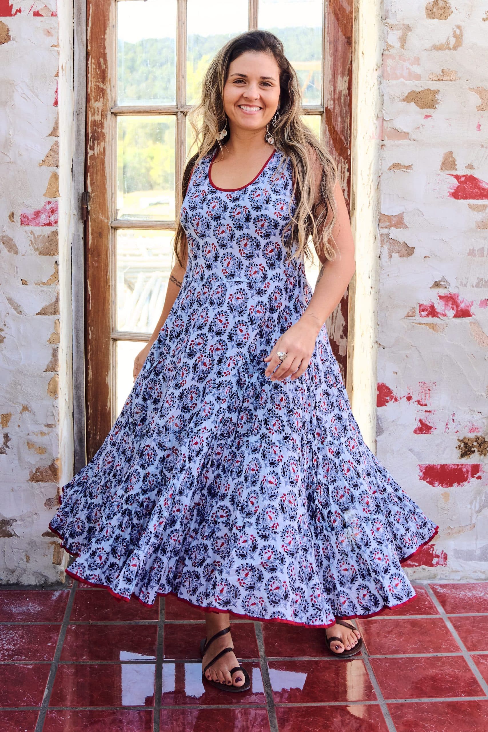 Womens, midi, Flamenco Dress, sleeveless, 100% Cotton, hand block print. Saphire blue - Saphira