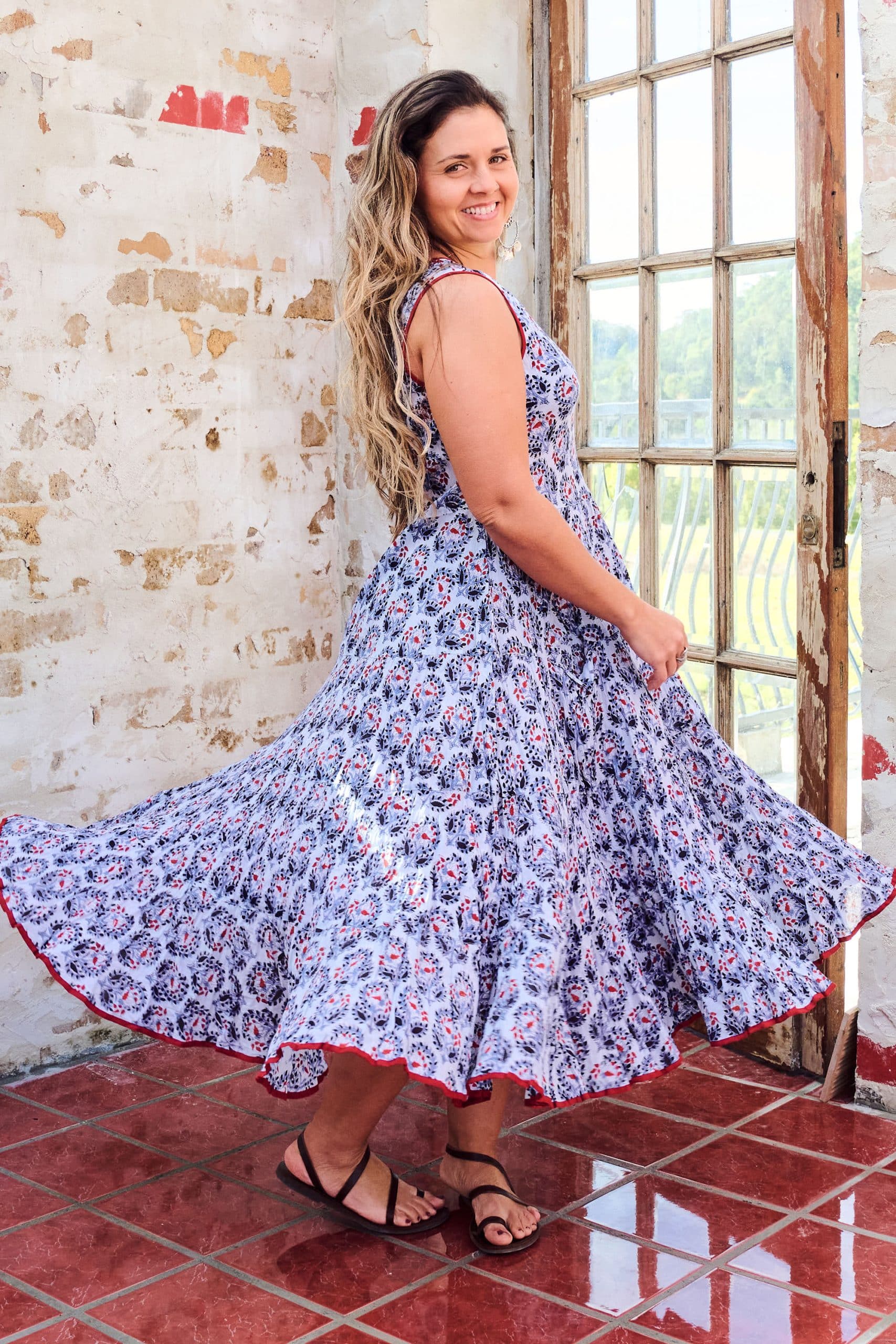 Womens, midi, Flamenco Dress, sleeveless, 100% Cotton, hand block print. Saphire blue - Saphira
