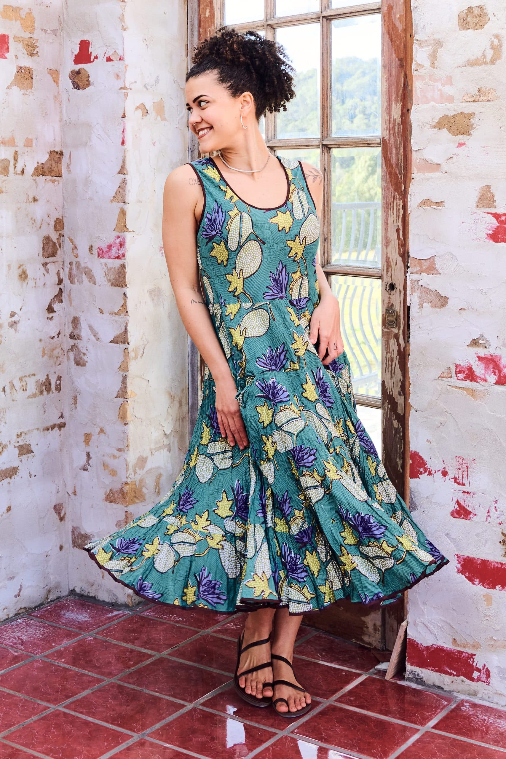 Womens, midi, Flamenco Dress, sleeveless, 100% Cotton, hand block print. Aqua - Lotus Grove