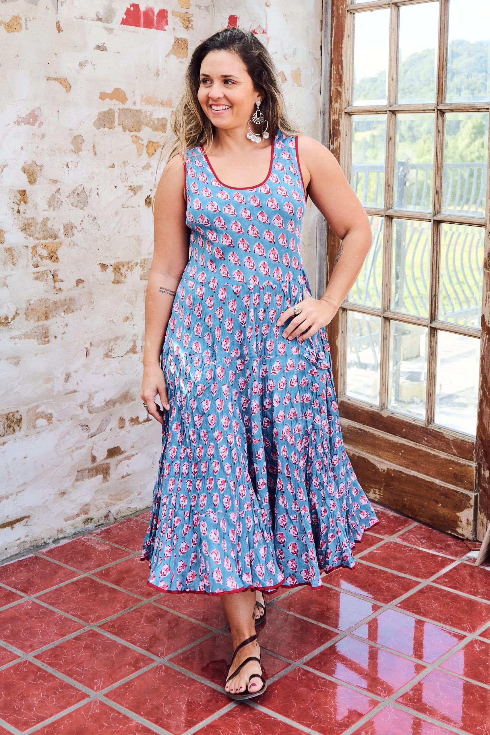 Womens, midi, Flamenco Dress, sleeveless, 100% Cotton, hand block print. Blue with Pink & Red - Blue Gem