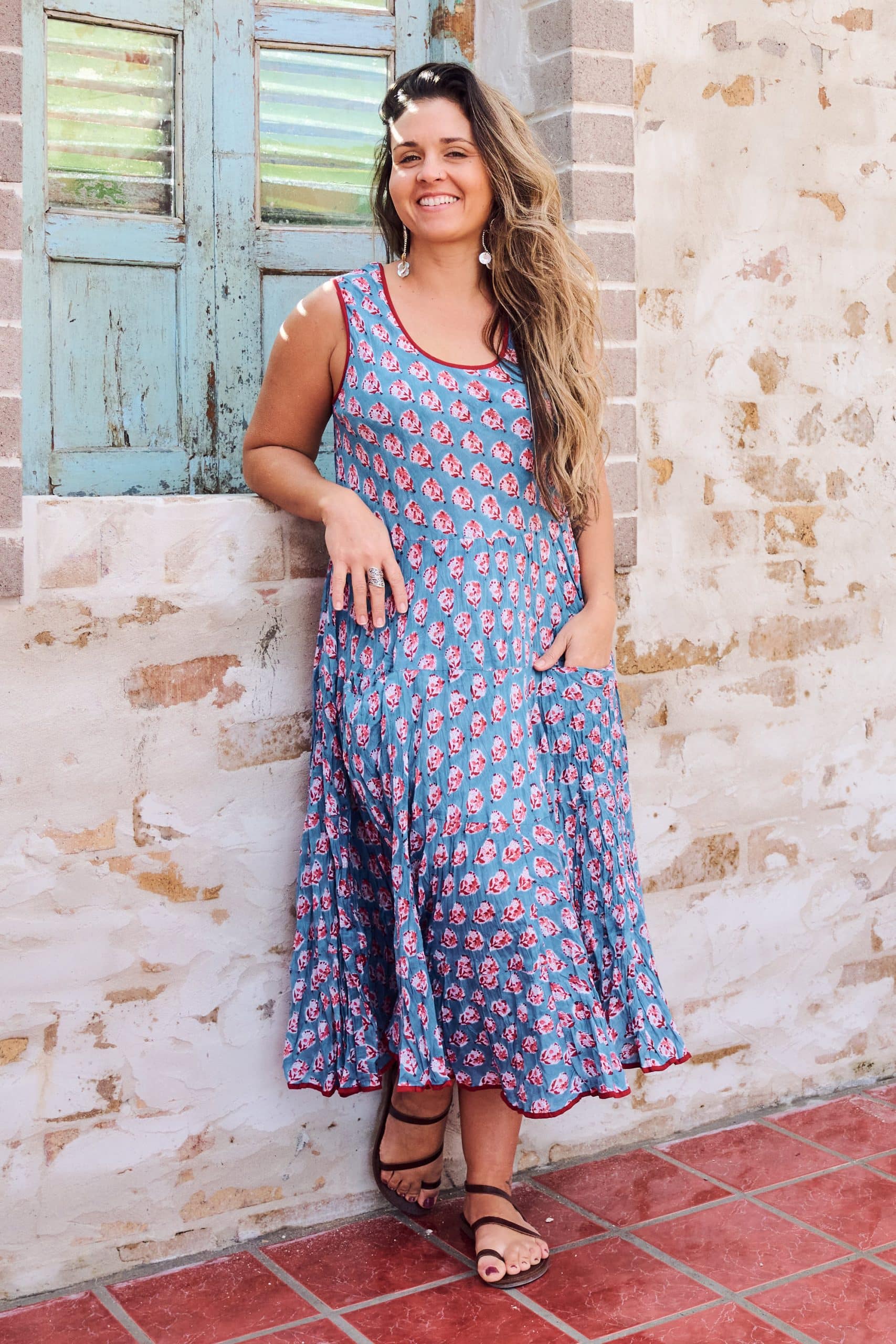 Womens, midi, Flamenco Dress, sleeveless, 100% Cotton, hand block print. Blue with Pink & Red - Blue Gem