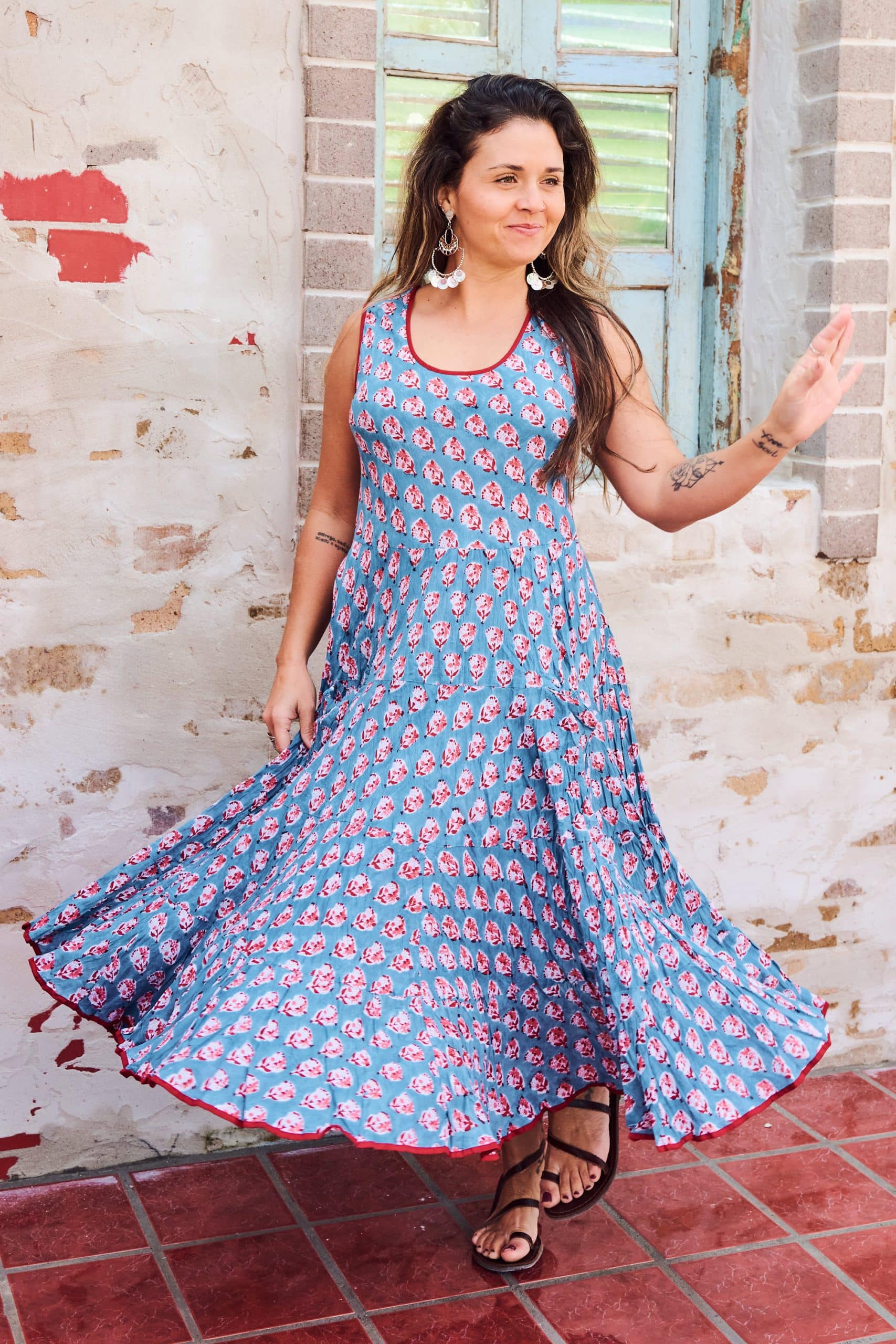 Womens, midi, Flamenco Dress, sleeveless, 100% Cotton, hand block print. Blue with Pink & Red - Blue Gem
