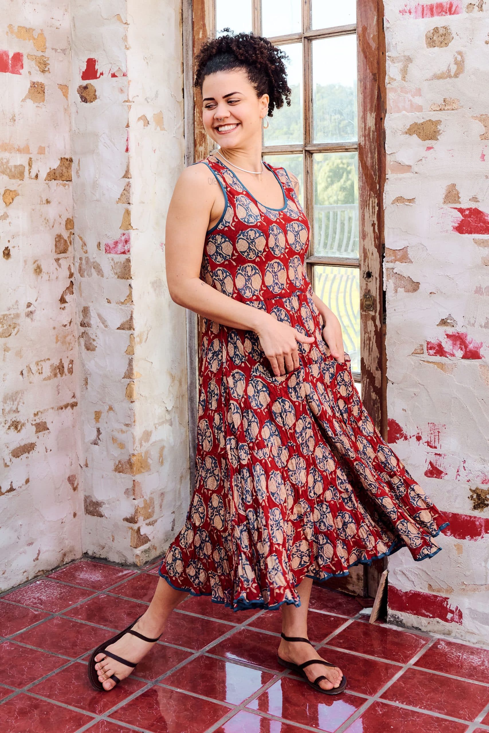 Womens, midi, Flamenco Dress, sleeveless, 100% Cotton, hand block print. Red - Pomeray