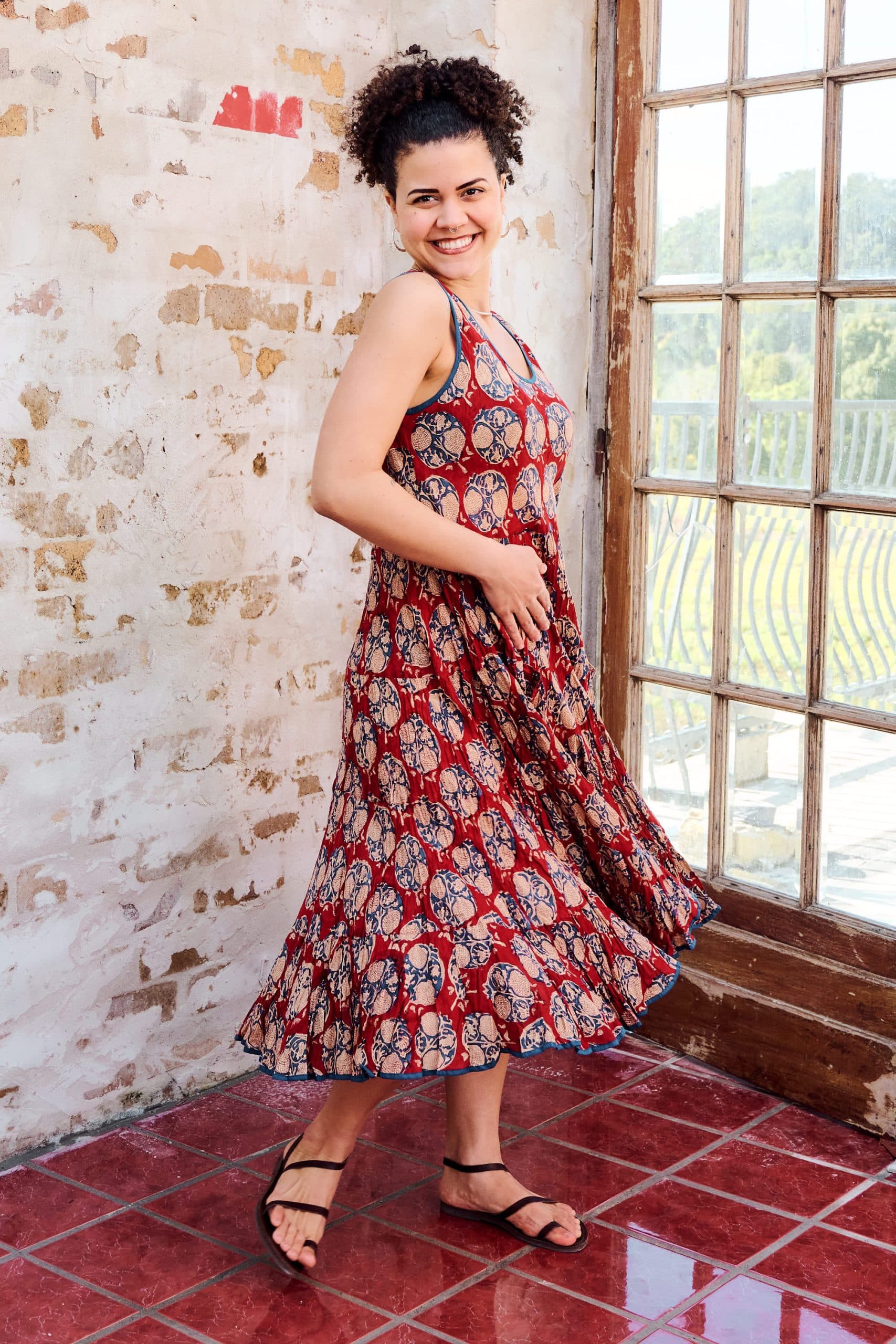 Womens, midi, Flamenco Dress, sleeveless, 100% Cotton, hand block print. Red - Pomeray
