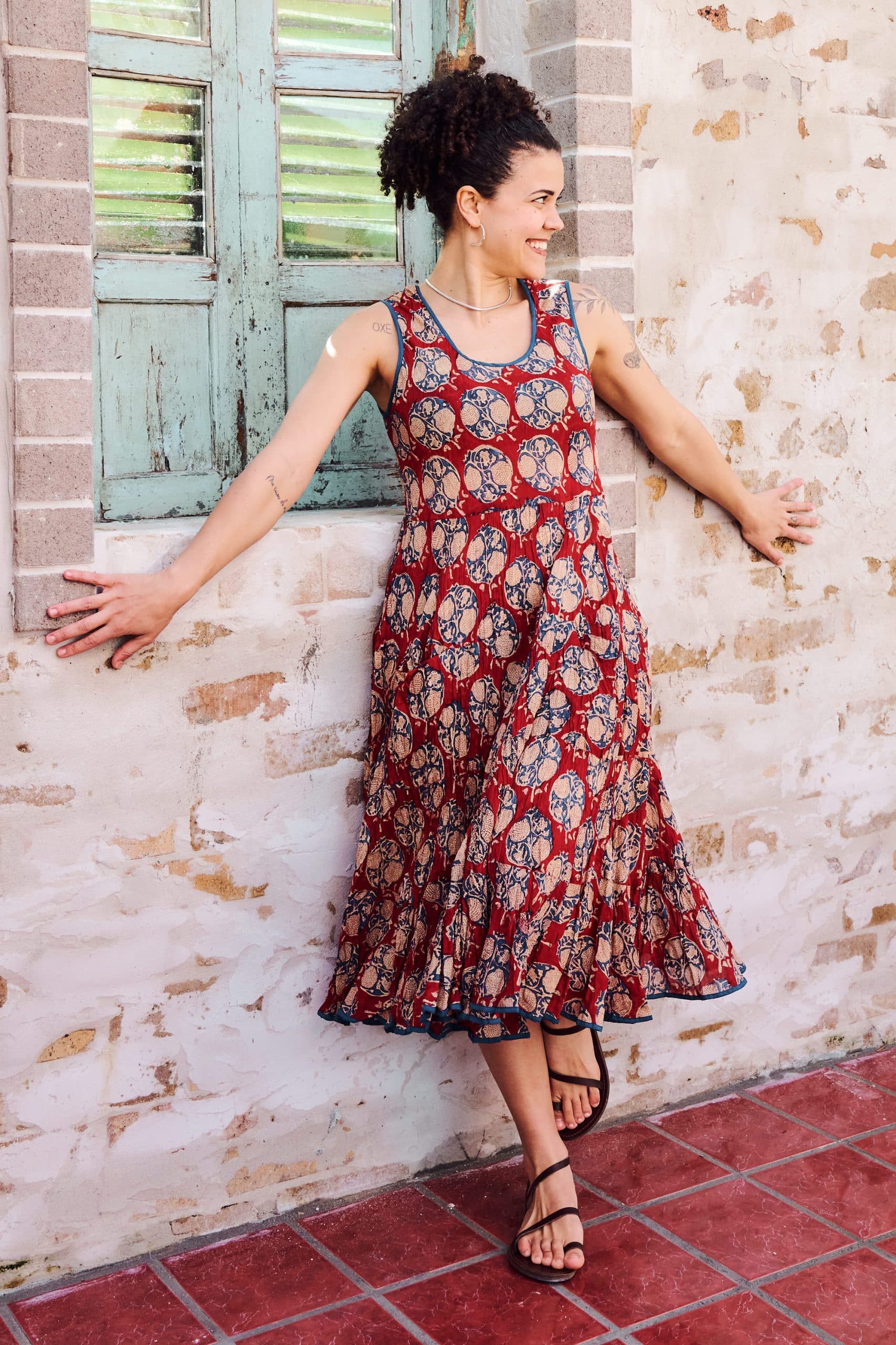 Womens, midi, Flamenco Dress, sleeveless, 100% Cotton, hand block print. Red - Pomeray