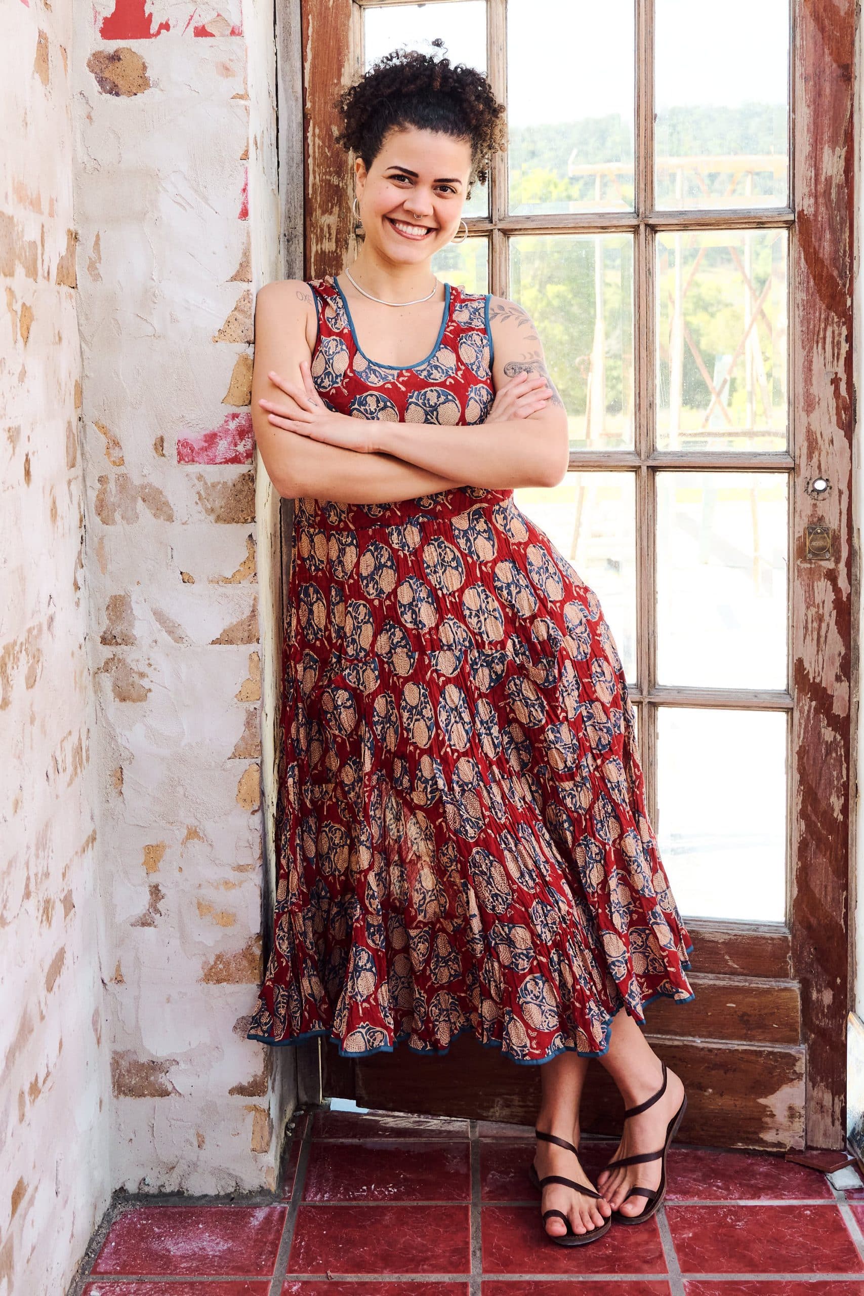 Womens, midi, Flamenco Dress, sleeveless, 100% Cotton, hand block print. Red - Pomeray