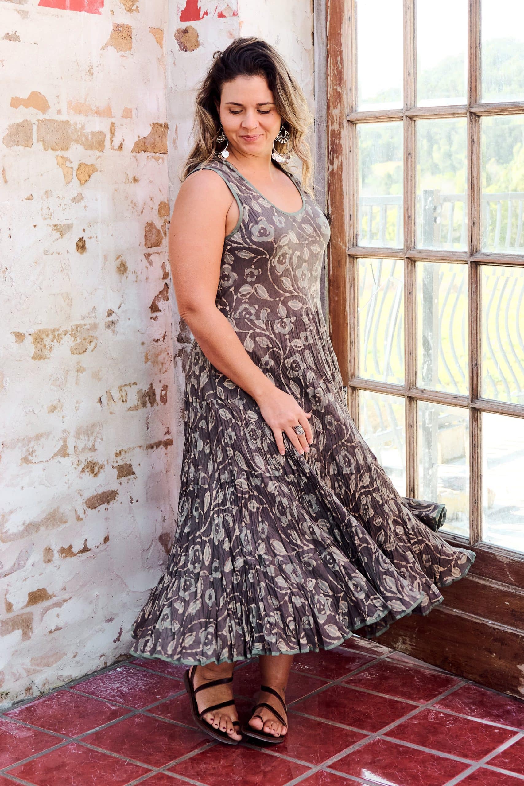 Womens, midi, Flamenco Dress, sleeveless, 100% Cotton, hand block print. Natural earth tones - Kassis Suri