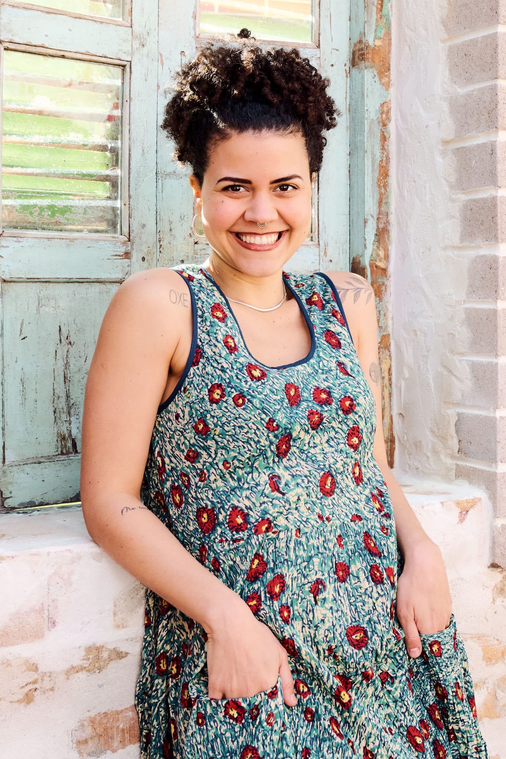 Womens, midi, Flamenco Dress, sleeveless, 100% Cotton, hand block print. Blue with pops of red - Allegra